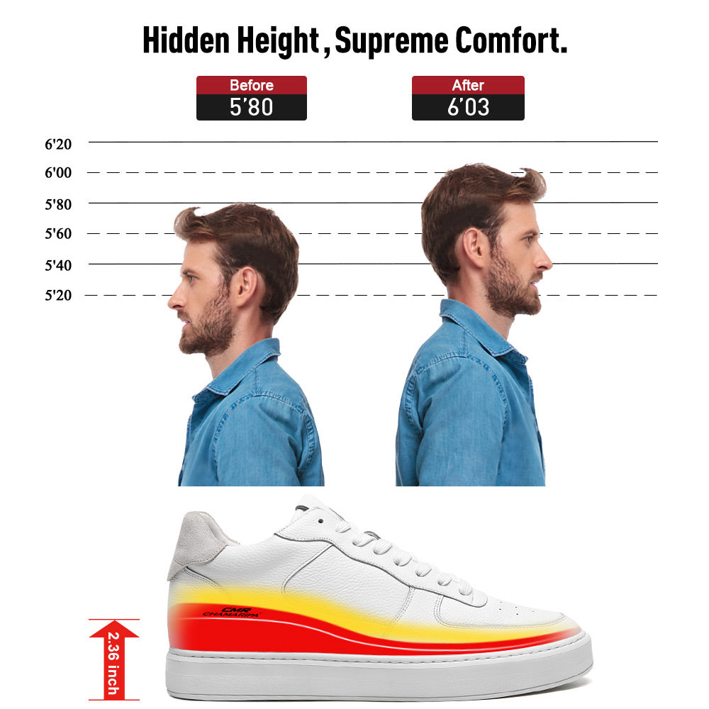 6 CM/2.36 Inches CMR CHAMARIPA Men's Elevator Shoes – White Leather Height Increase Sneakers - Comfortable & Stylish Taller Look Shoes