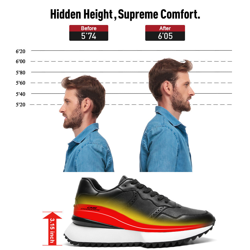 8 CM/3.15 Inches CMR CHAMARIPA Men's Height-Increasing Athletic Shoes - Black Leather Casual Sports Sneakers for Enhanced Stature & Active Comfort