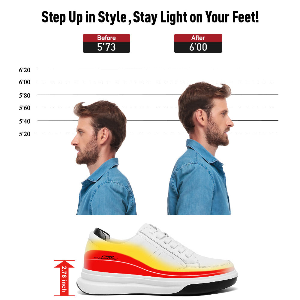 7CM/2.76 Inches CMR CHAMARIPA Men's White Leather Elevator Sneakers