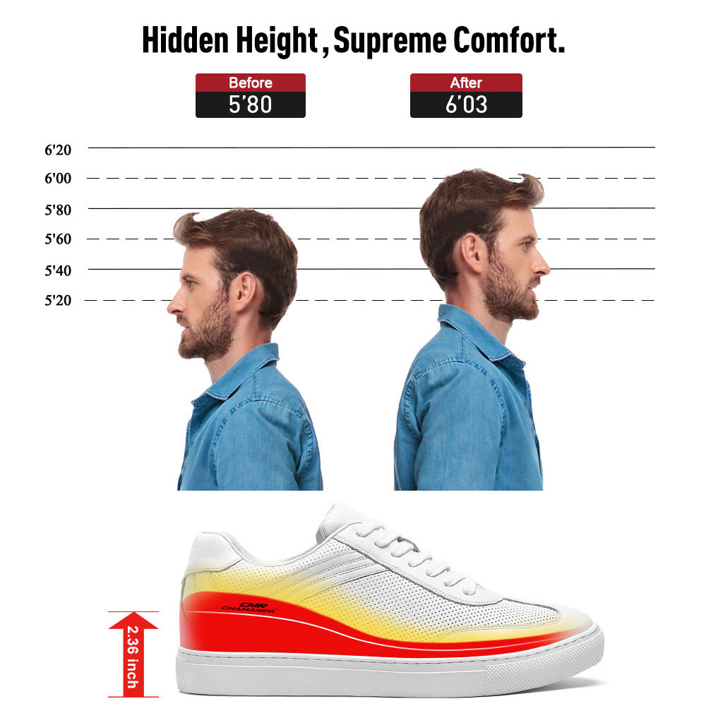 6 CM/2.36 Inches CMR CHAMARIPA Men’s Elevator Casual Sneakers - Crisp White Leather Shoes for Subtle Height Boost & Everyday Style