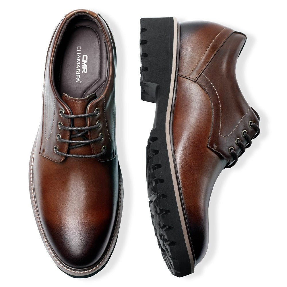 8 CM / 3.15 Inches CMR CHAMARIPA Men's Elevator Dress Shoes - Formal Height Increasing Shoes - Tan Leather Derby Shoes