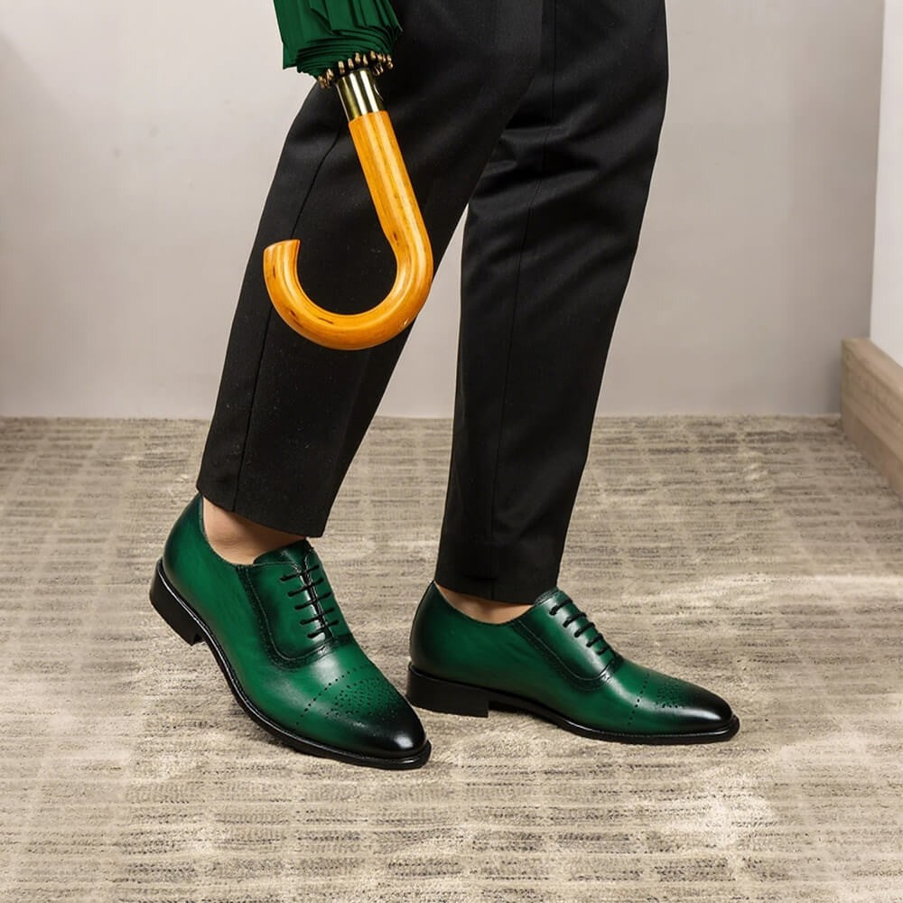 7 CM/2.76 Inches CMR CHAMARIPA Men's Formal Brogue Oxford Shoes - Emerald Green Genuine Leather, Classic Wingtip Design