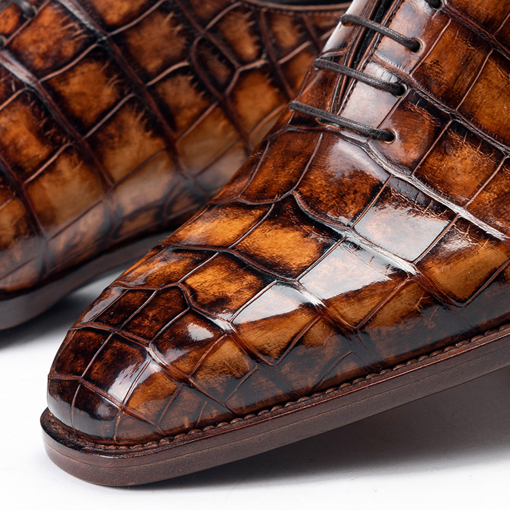6CM / 2.36 Inches CMR CHAMARIPA Men's Elevator Formal Shoes | Brown American Crocodile Leather Oxford Shoes Fiddleback Waist