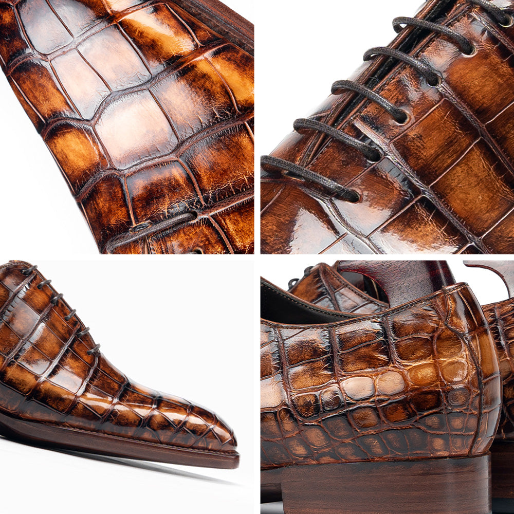 6CM / 2.36 Inches CMR CHAMARIPA Men's Elevator Formal Shoes | Brown American Crocodile Leather Oxford Shoes Fiddleback Waist