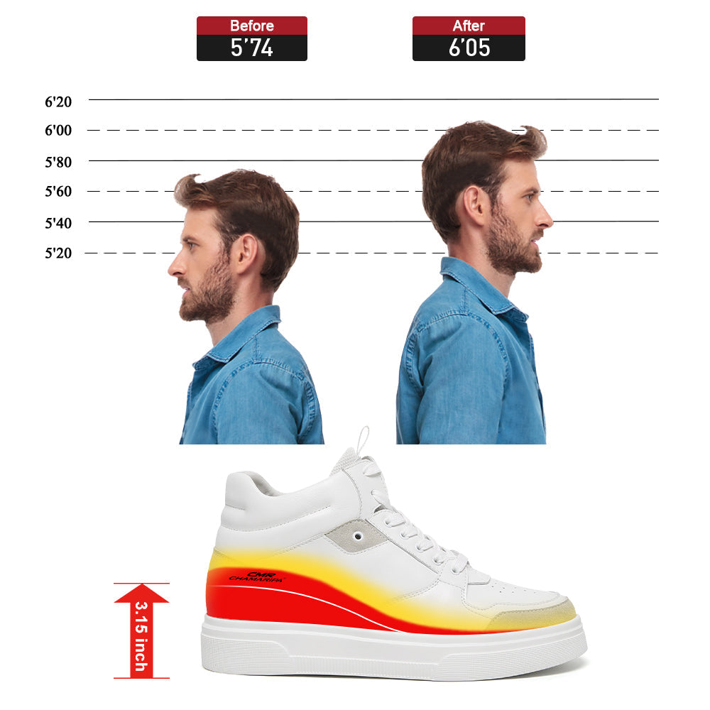 8CM / 3.15 Inches CMR CHAMARIPA Men's Shoes With Higher Heels | White Leather High-Top Sneakers