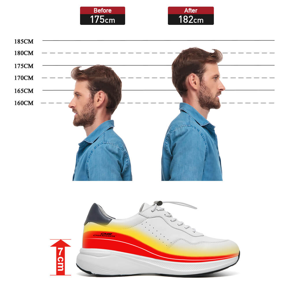 7CM / 2.76 Inches CMR CHAMARIPA Men's Elevator Shoes | White Leather Trainers That Make You Taller