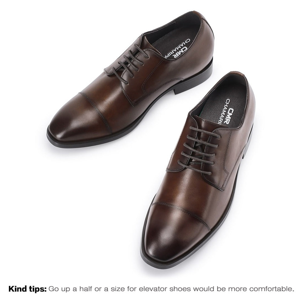 7 CM / 2.76 Inches CMR CHAMARIPA Taller Shoes - Elevator Shoes For Men - Brown Leather Derby Dress Shoes