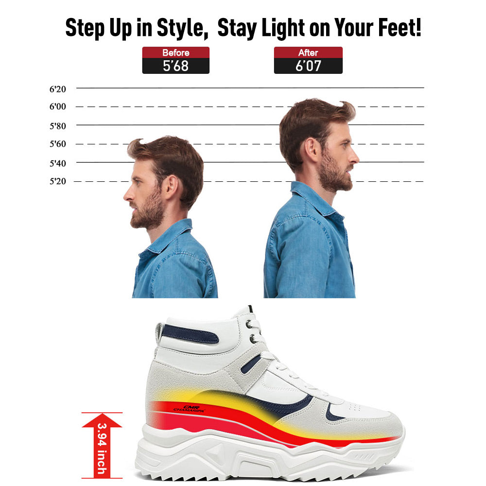 10 CM / 3.94 Inches - CMR Chamaripa Height Increasing Shoes For Men - Shoe Lifts To Increase Height - Men's High Top Suede Leather Sneakers