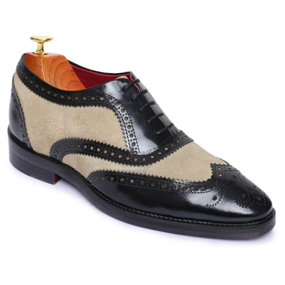 7 CM / 2.76 Inches - CMR CHAMARIPA Height Increasing Dress Shoes - Shoes With Raised Heel - Black And Suede Wingtip Brogue Handcrafted Oxfords