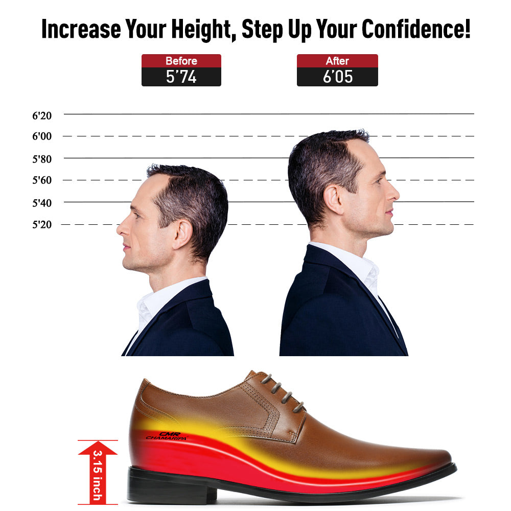 8 CM/3.15 Inches CMR CHAMARIPA Brown Cowhide Leather Men's Elevator Dress Shoes - Classic Oxford Style