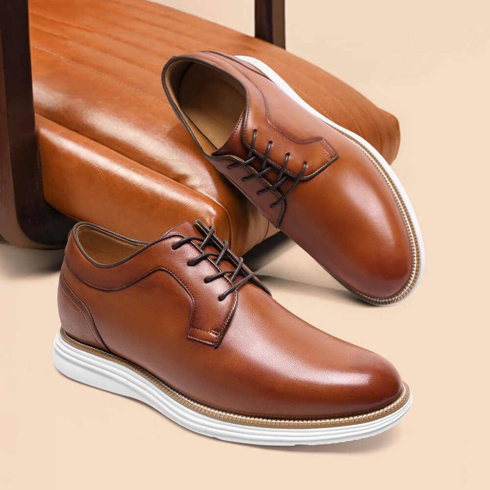 7CM / 2.76 Inches CMR CHAMARIPA Men's Elevator Formal Shoes - Brown Leather Business Casual Shoes