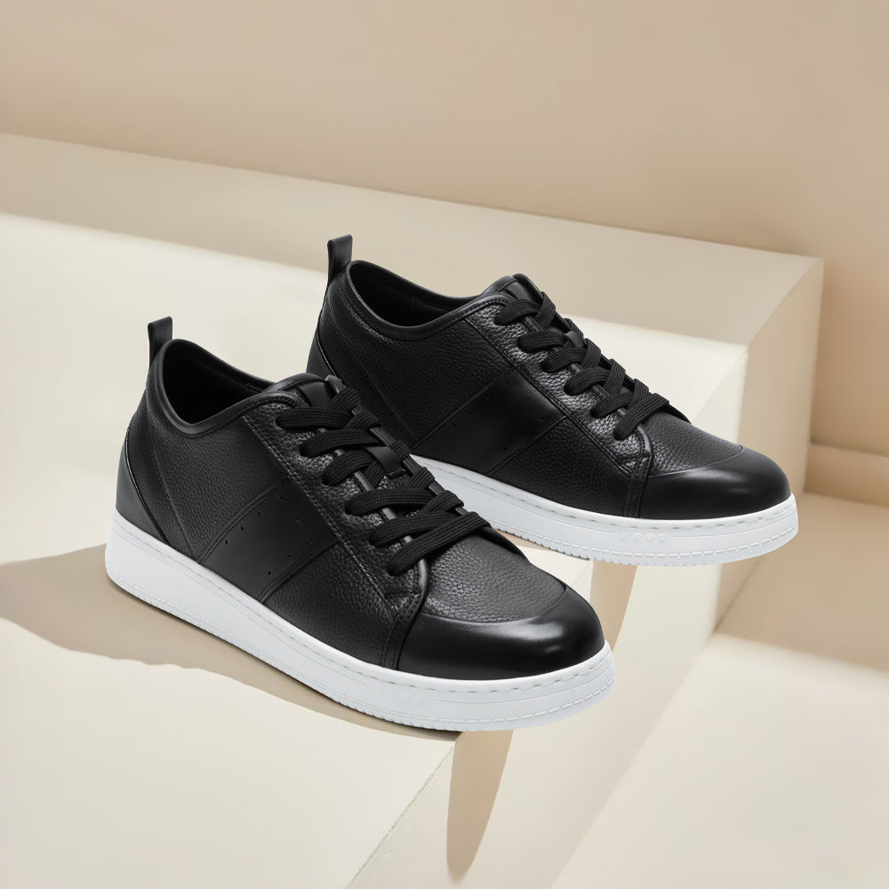8CM/ 3.15 Inches CMR CHAMARIPA Casual Height Increasing Sneakers – Black Leather Men's Elevator Shoes