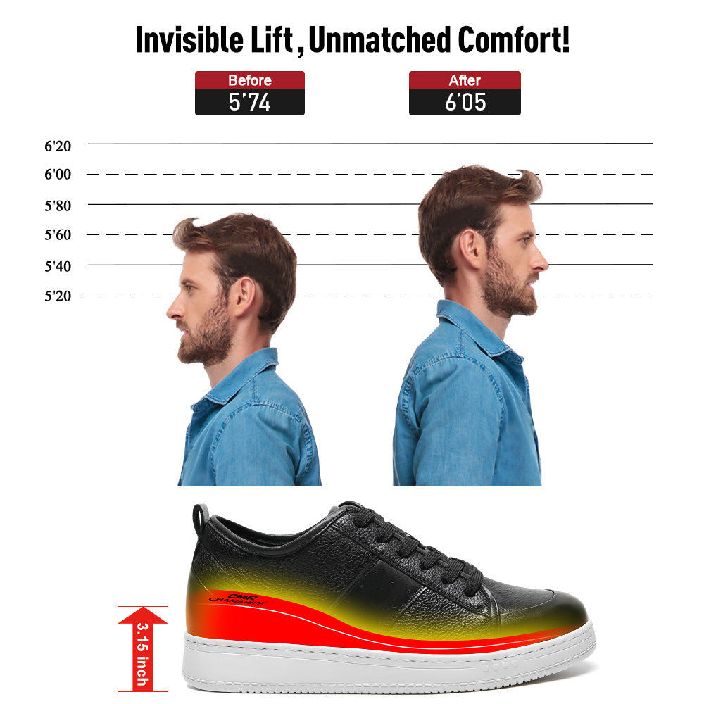 8CM/ 3.15 Inches CMR CHAMARIPA Casual Height Increasing Sneakers – Black Leather Men's Elevator Shoes