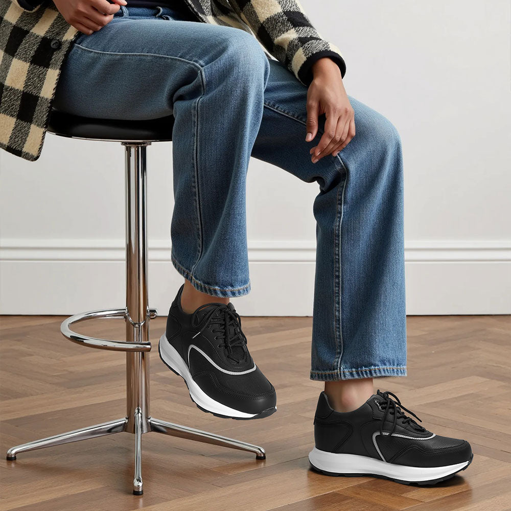 9 CM / 3.54 Inches CMR CHAMARIPA Men's Elevator Sneakers | Black Leather Anti-Slip Athletic Sneakers