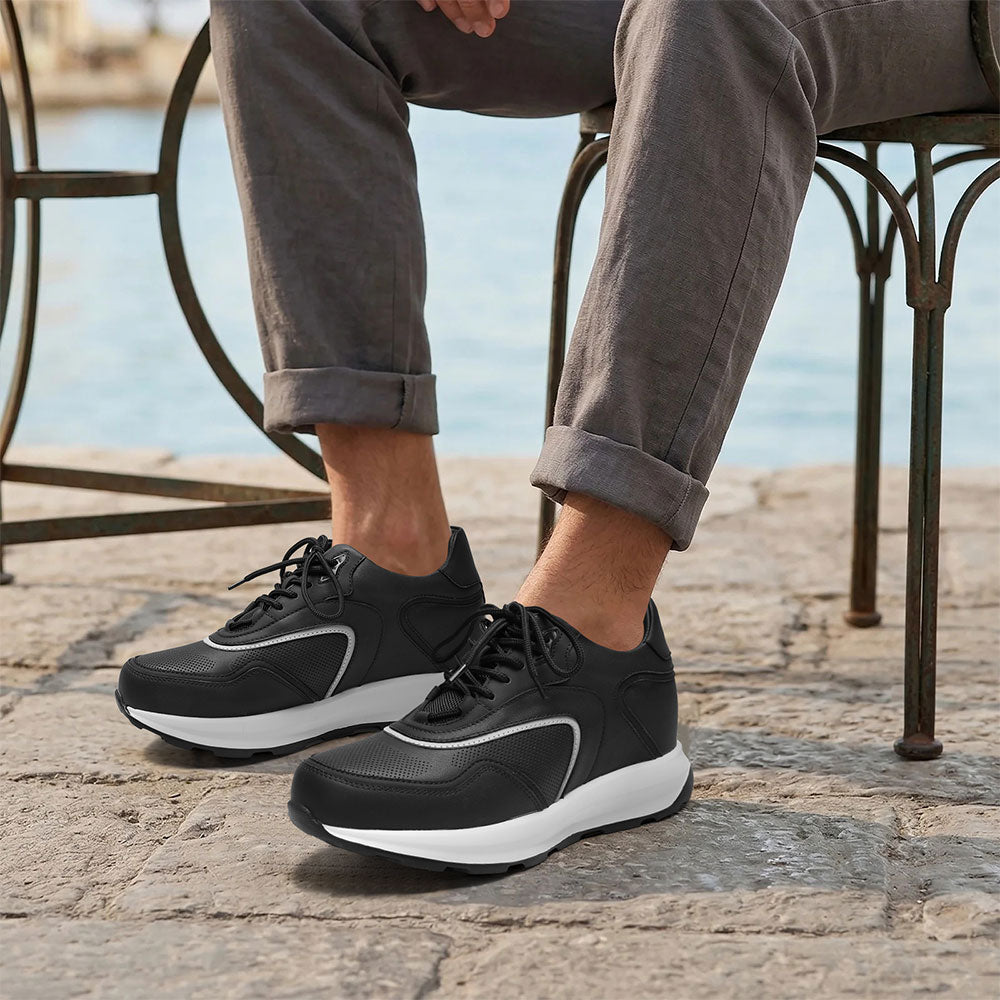 9 CM / 3.54 Inches CMR CHAMARIPA Men's Elevator Sneakers | Black Leather Anti-Slip Athletic Sneakers