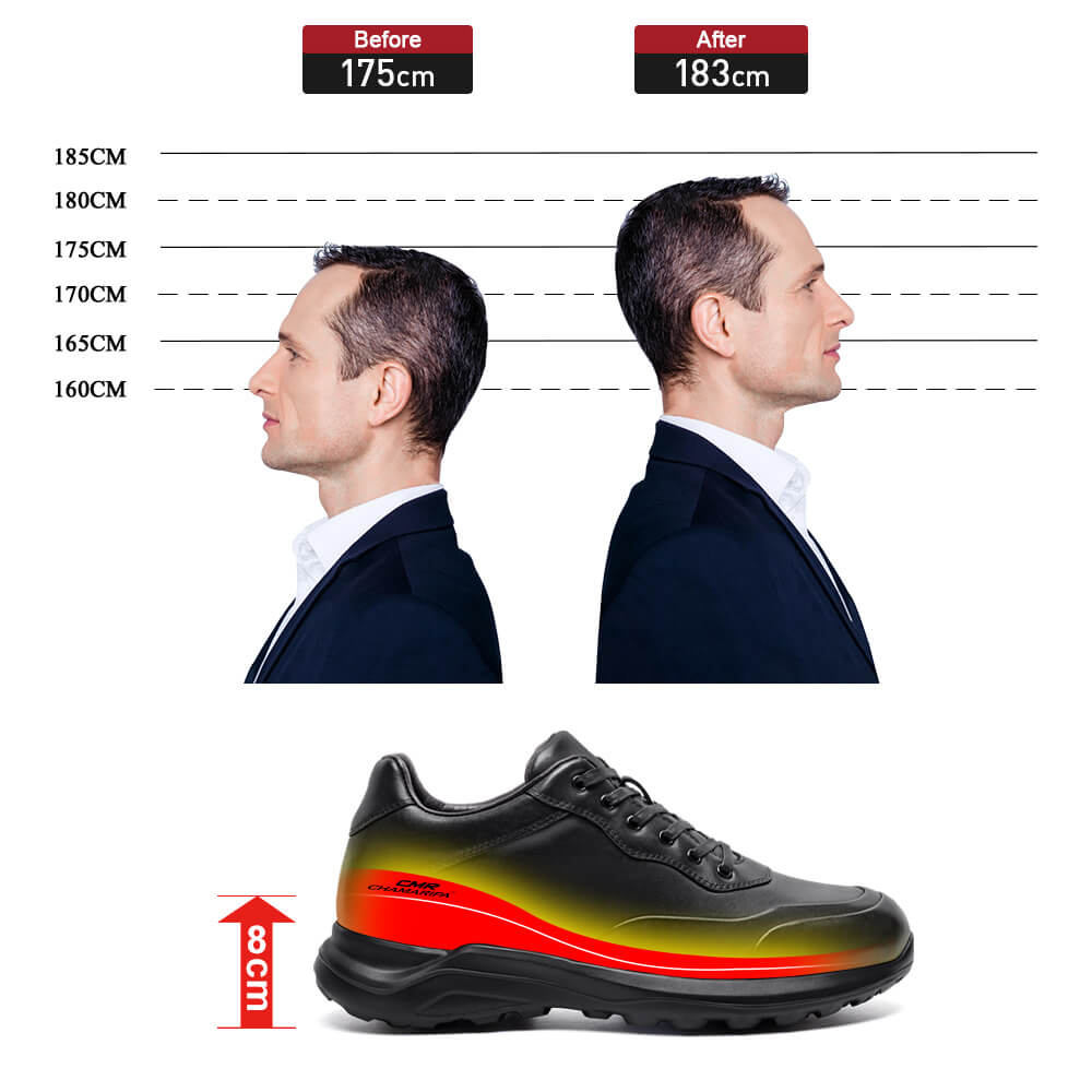 8CM / 3.15 Inches CMR CHAMARIPA Men's Height Increasing Sneakers - Black Leather Hidden Heel Shoes
