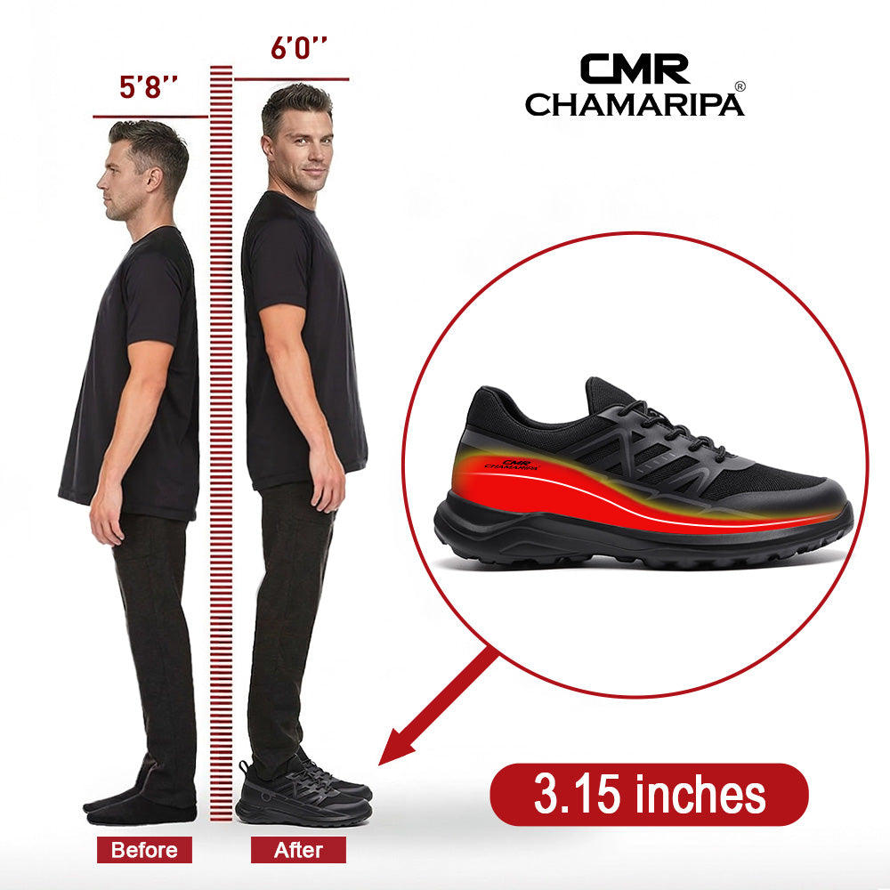 8CM / 3.15 Inches CMR CHAMARIPA Men's Hidden Heel Shoes | Black Mesh Elevator Sneakers