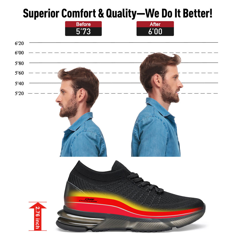 7CM / 2.76 Inches CMR CHAMARIPA Height Increasing Shoes For Men Hidden Heel Trainers Black Flyknit Sports Shoes