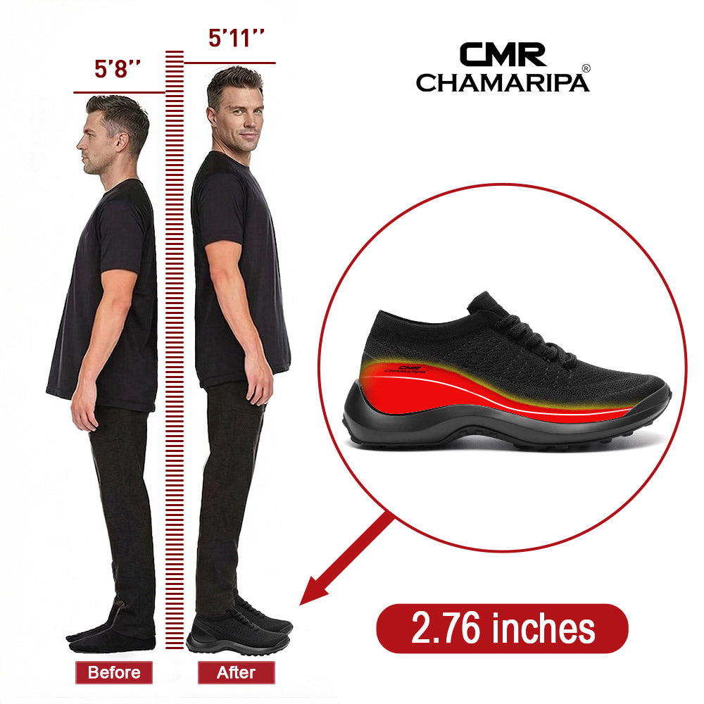 7 CM / 2.76 Inches CMR CHAMARIPA Men's Elevator Sneakers | Black Knit Breathable Sneakers