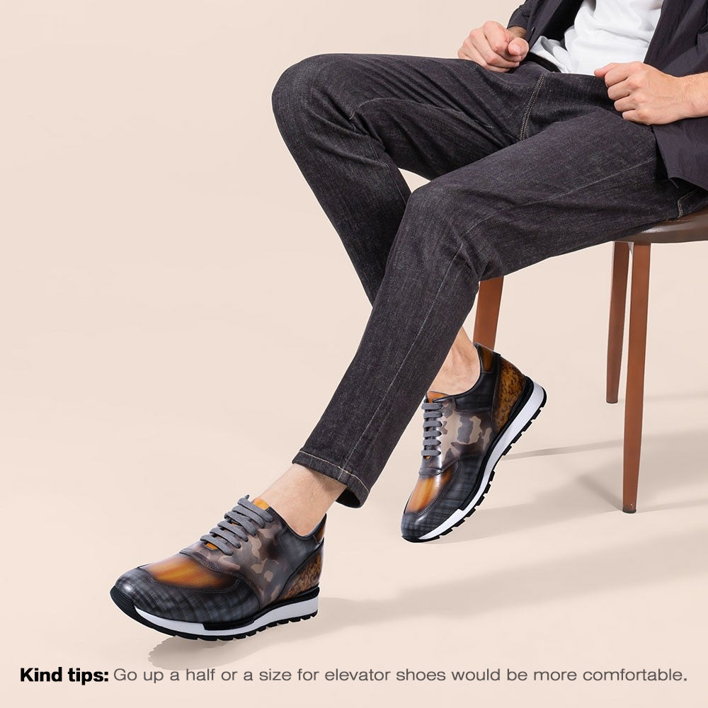 7CM /2.76 Inches - CMR CHAMARIPA Casual Tall Men Shoes - Hand Patina Elevator Sneaker - Multi-Colored Patina Leather Trainers