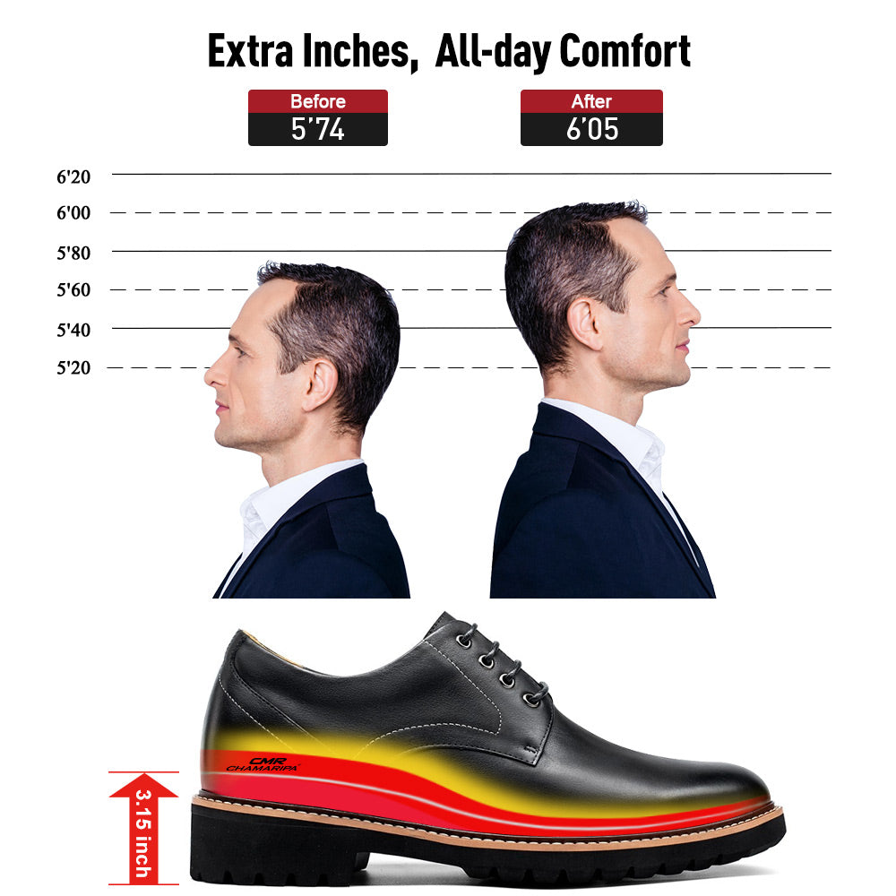 8 CM / 3.15 Inches CMR CHAMARIPA Men's Black Leather Derby Elevator Dress Shoes