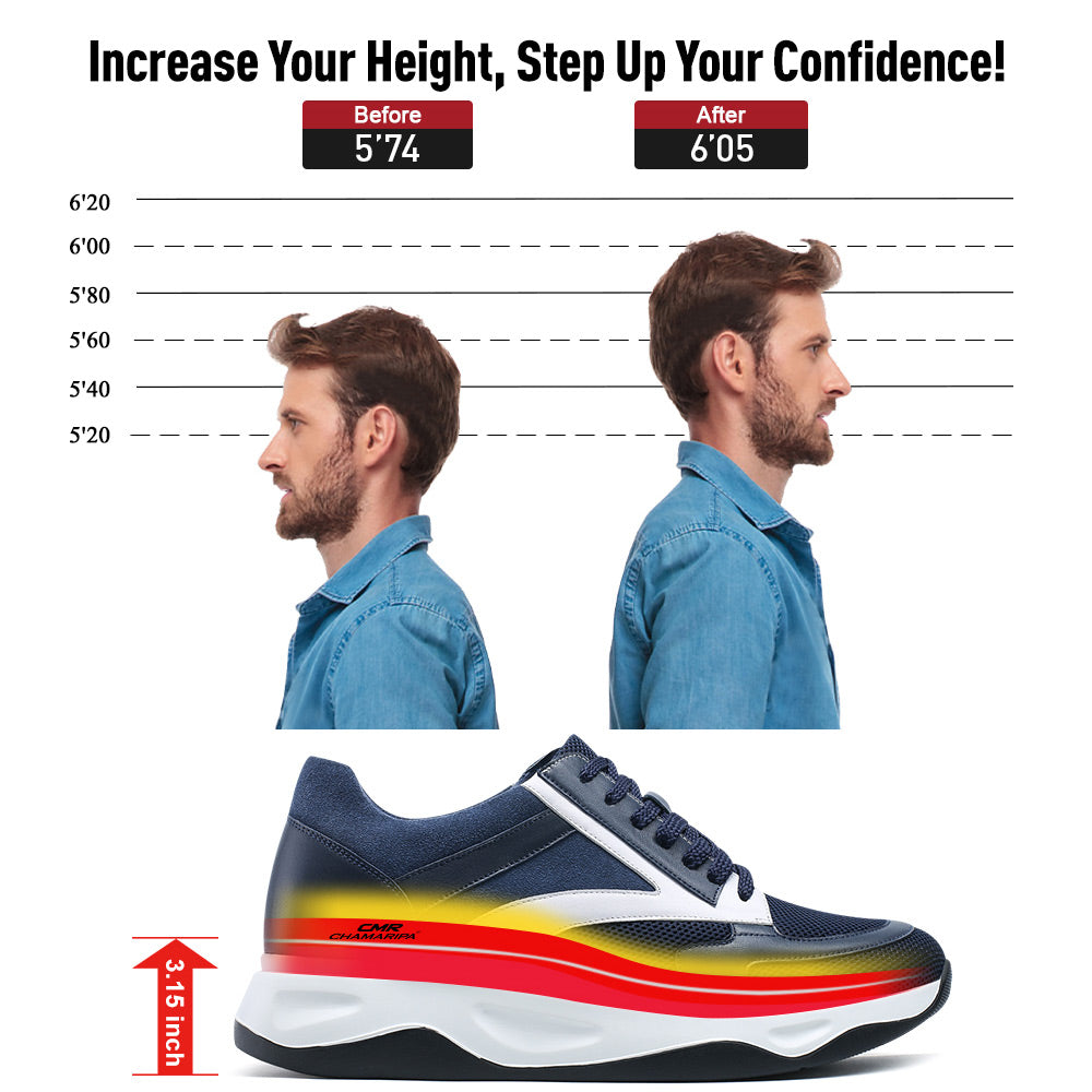 8CM / 3.15 Inches CMR CHAMARIPA Men's Raised Shoes: Elevate Your Height in Style with Breathable Blue Sneakers