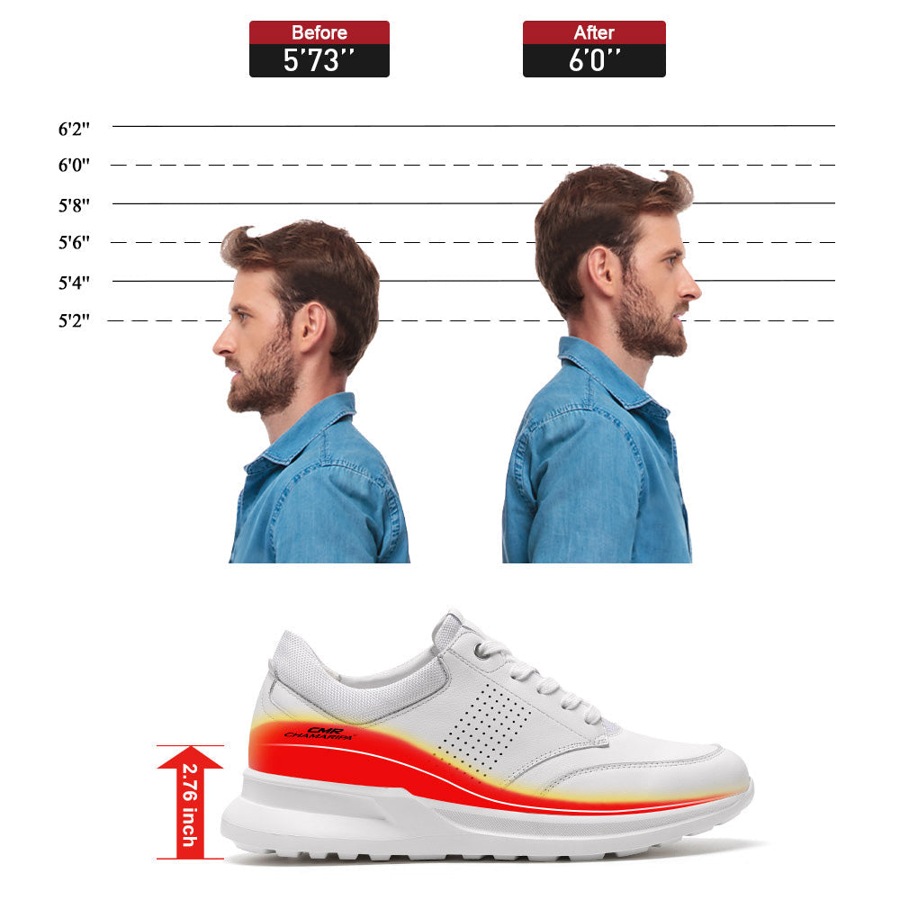 7CM / 2.76 Inches CMR CHAMARIPA Height Increasing Shoes For Men | White Leather Casual Sneakers