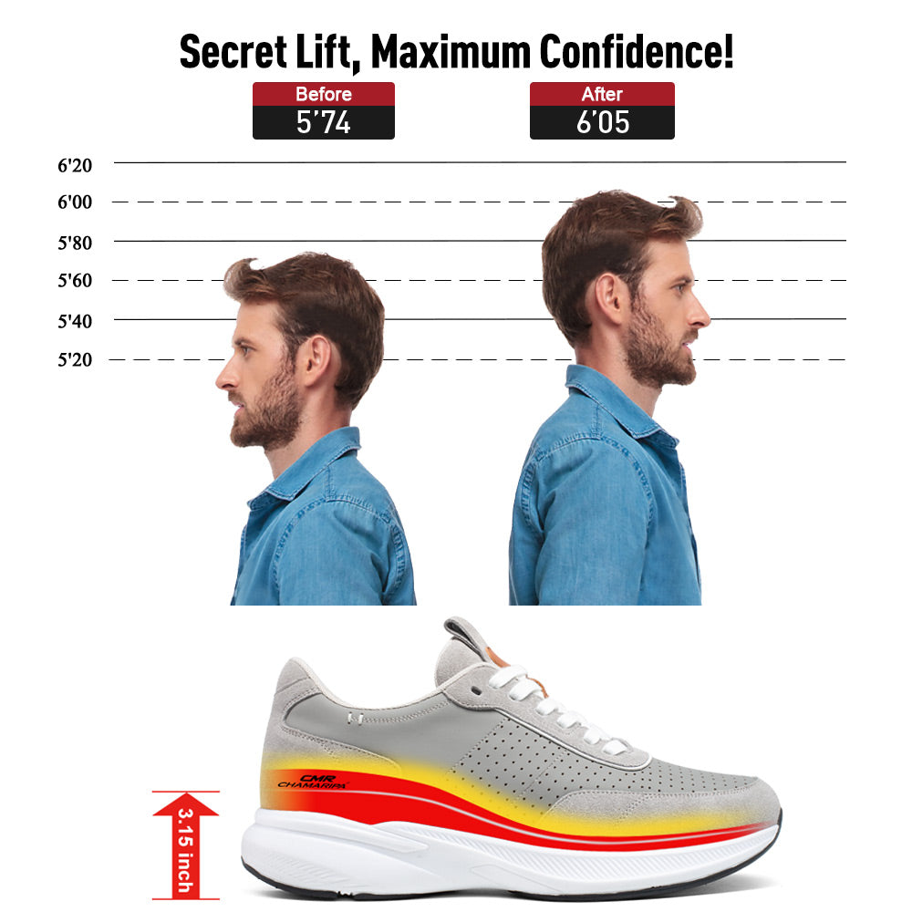 8 CM / 3.15 Inches CMR CHAMARIPA Height Increasing Shoes - Men's Elevator Sneakers in Gray Suede Leather