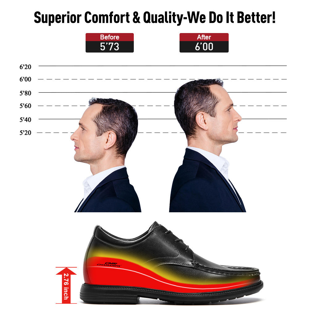 7 CM/2.76 Inches CMR CHAMARIPA Men's 7cm Hidden Elevator Loafers - Instant Height Boost in Premium Black Leather