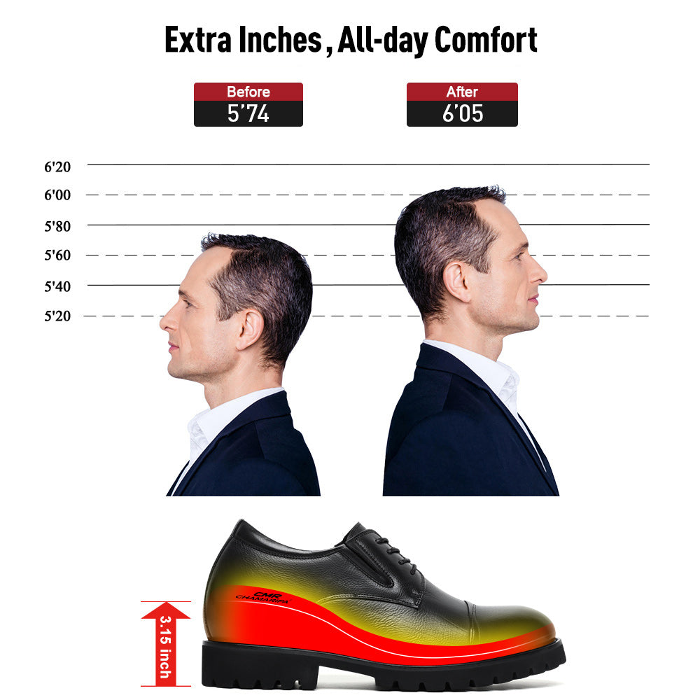 8CM / 3.15 Inches CMR CHAMARIPA Men's Height Increasing Formal Shoes | Black Leather Business Derby Shoes
