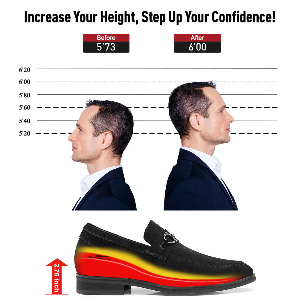 7 CM / 2.76 Inches CMR CHAMARIPA Hidden Heel Loafer Elevator Shoes For Men Black Suede Tall Men Shoes