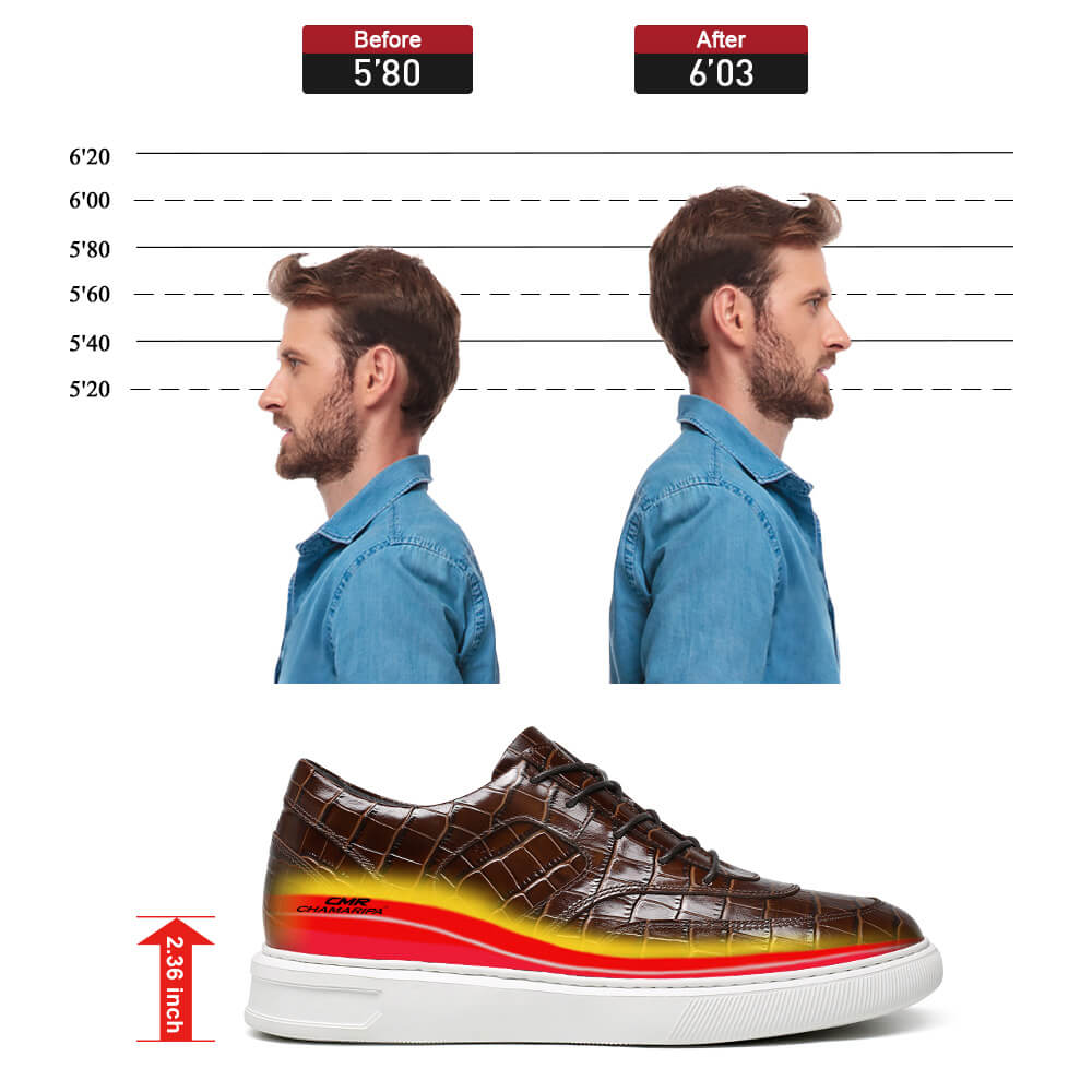 6 CM/2.36 Inches CMR CHAMARIPA Height Increasing Shoes Luxury Brown Leather Sneakers - Elevate Your Style with Handcrafted Elevator Shoes
