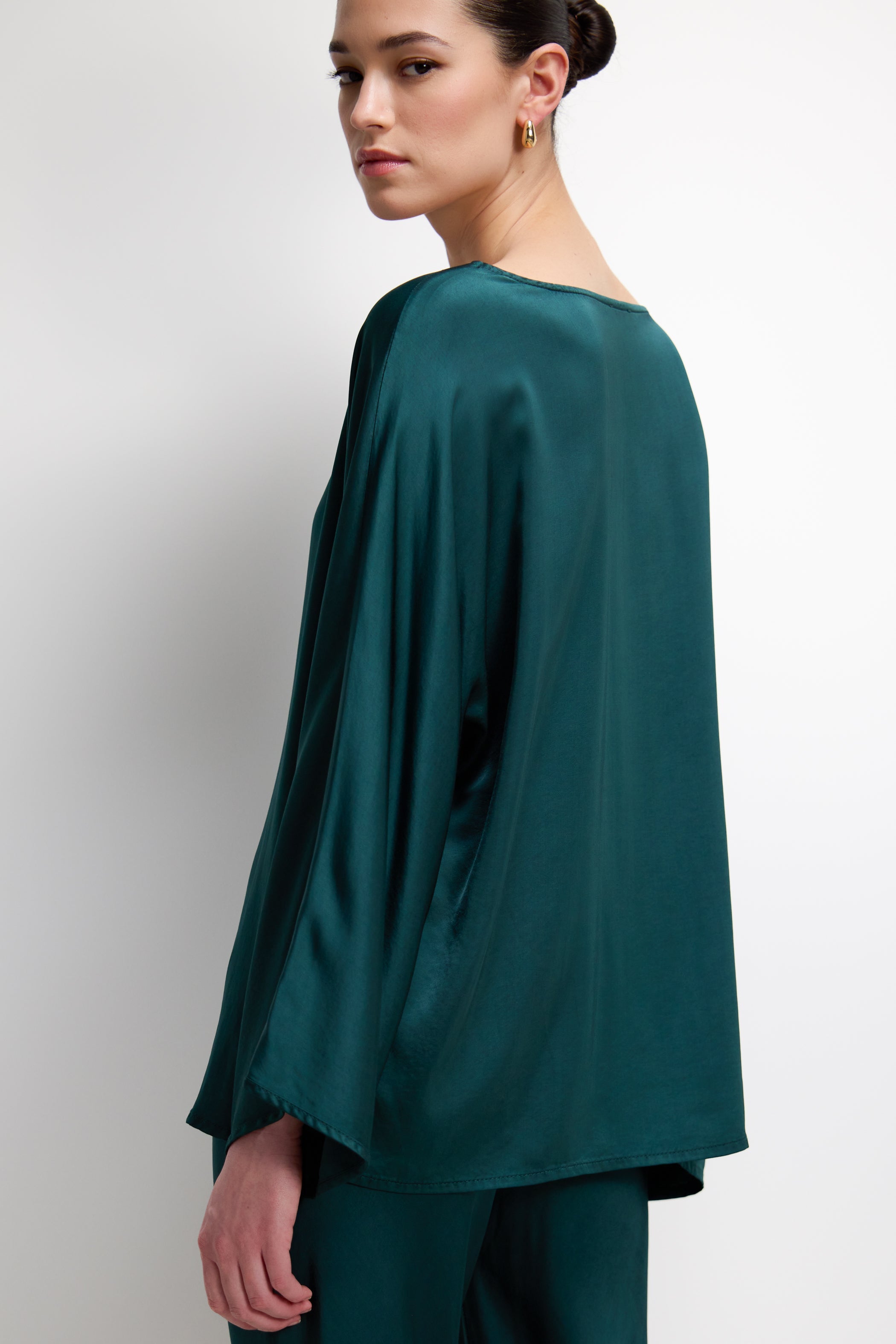 Arlet Wide Sleeve Boatneck Satin Top | Teal