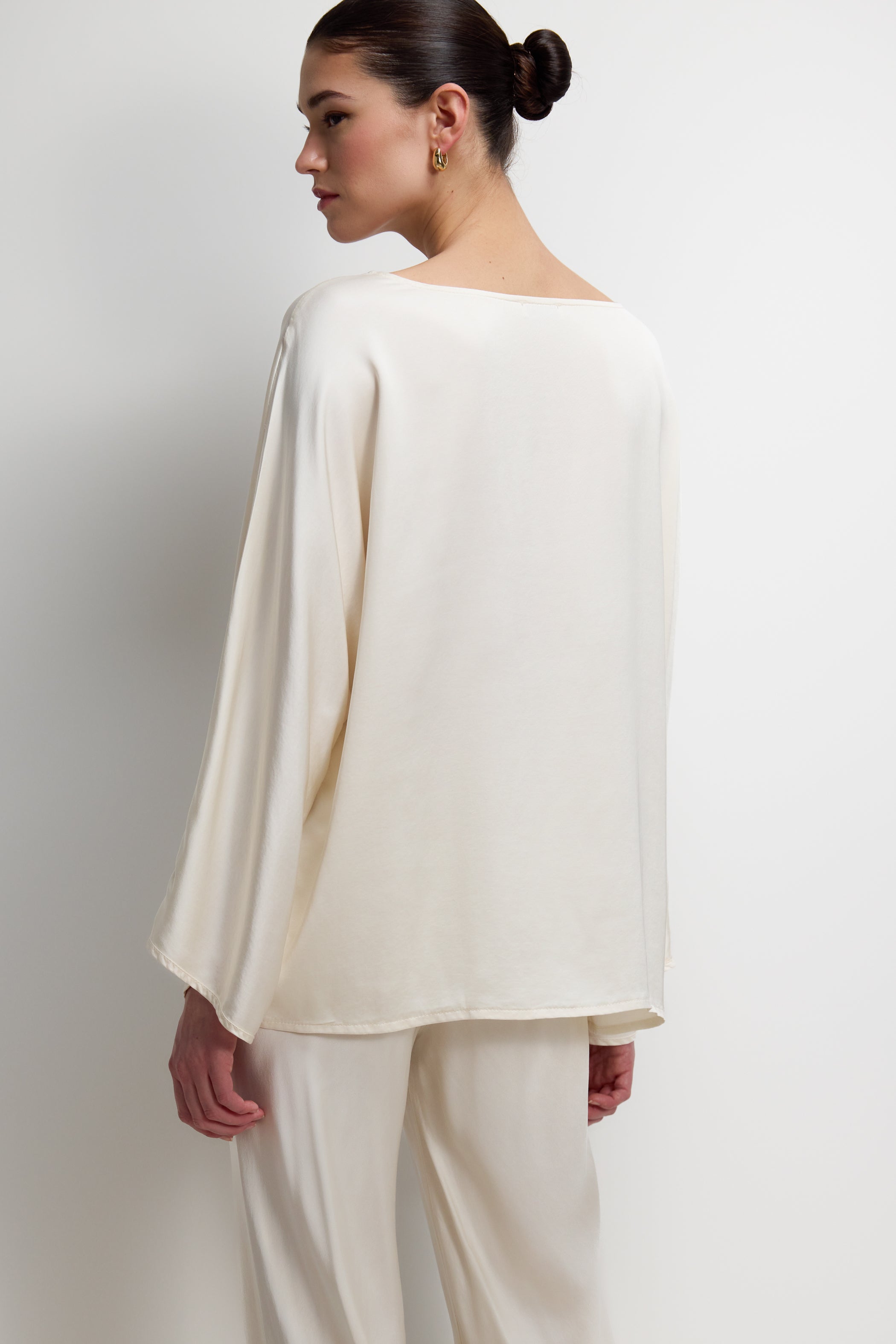 Arlet Wide Sleeve Boatneck Satin Top | Ivory