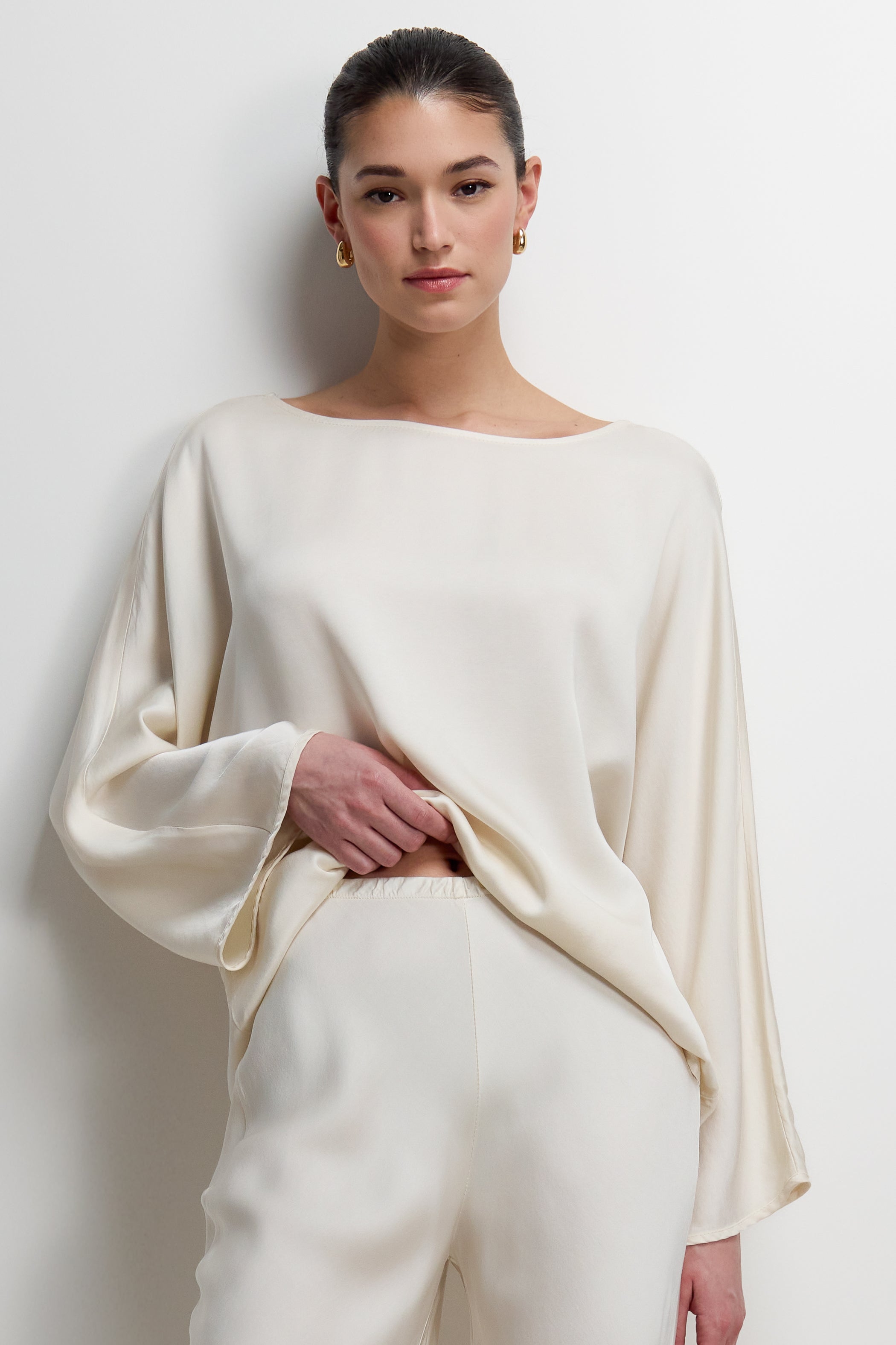 Arlet Wide Sleeve Boatneck Satin Top | Ivory