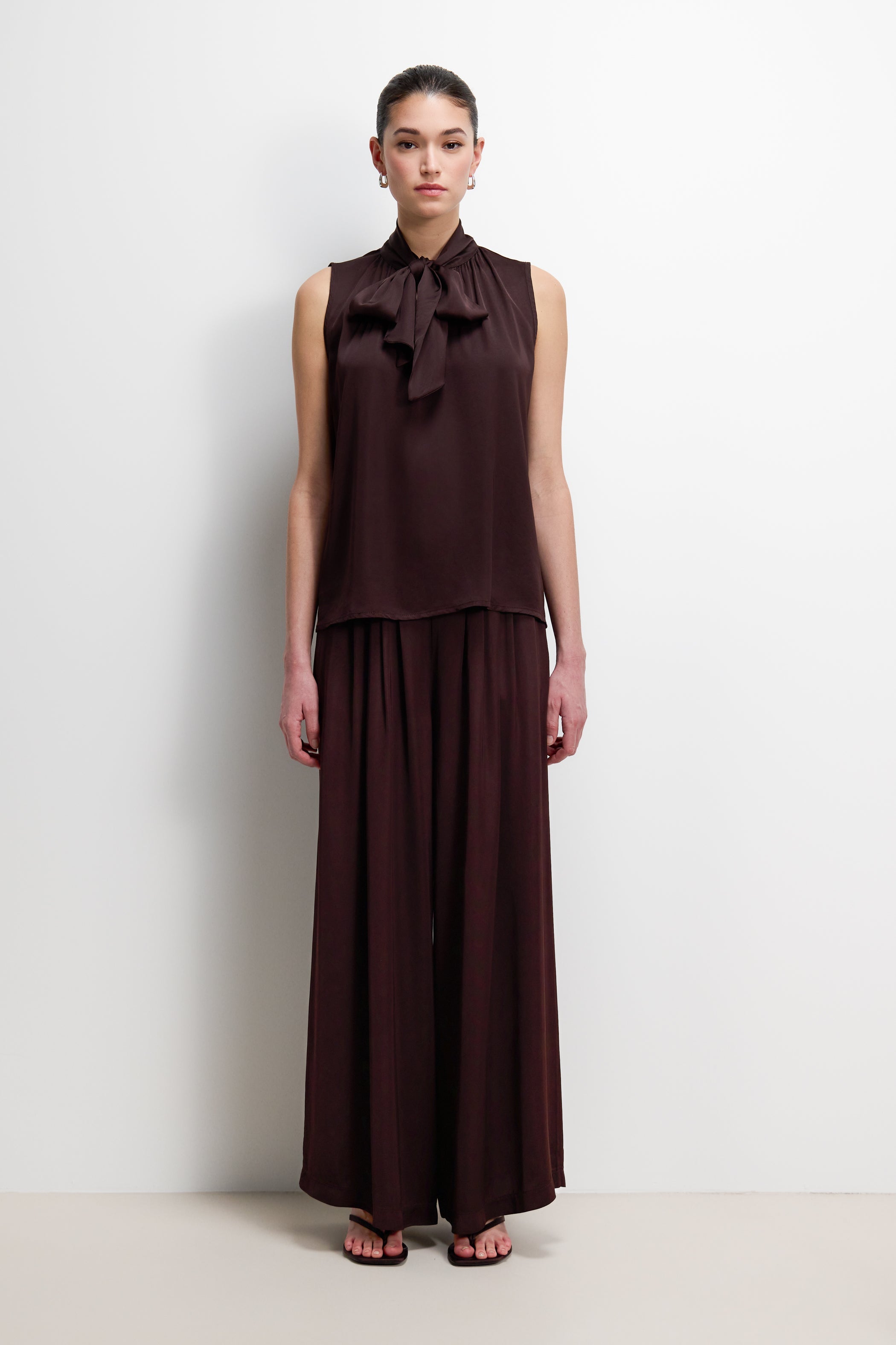Lyanne Bow Neck Tie Satin Blouse | Espresso Brown Moire
