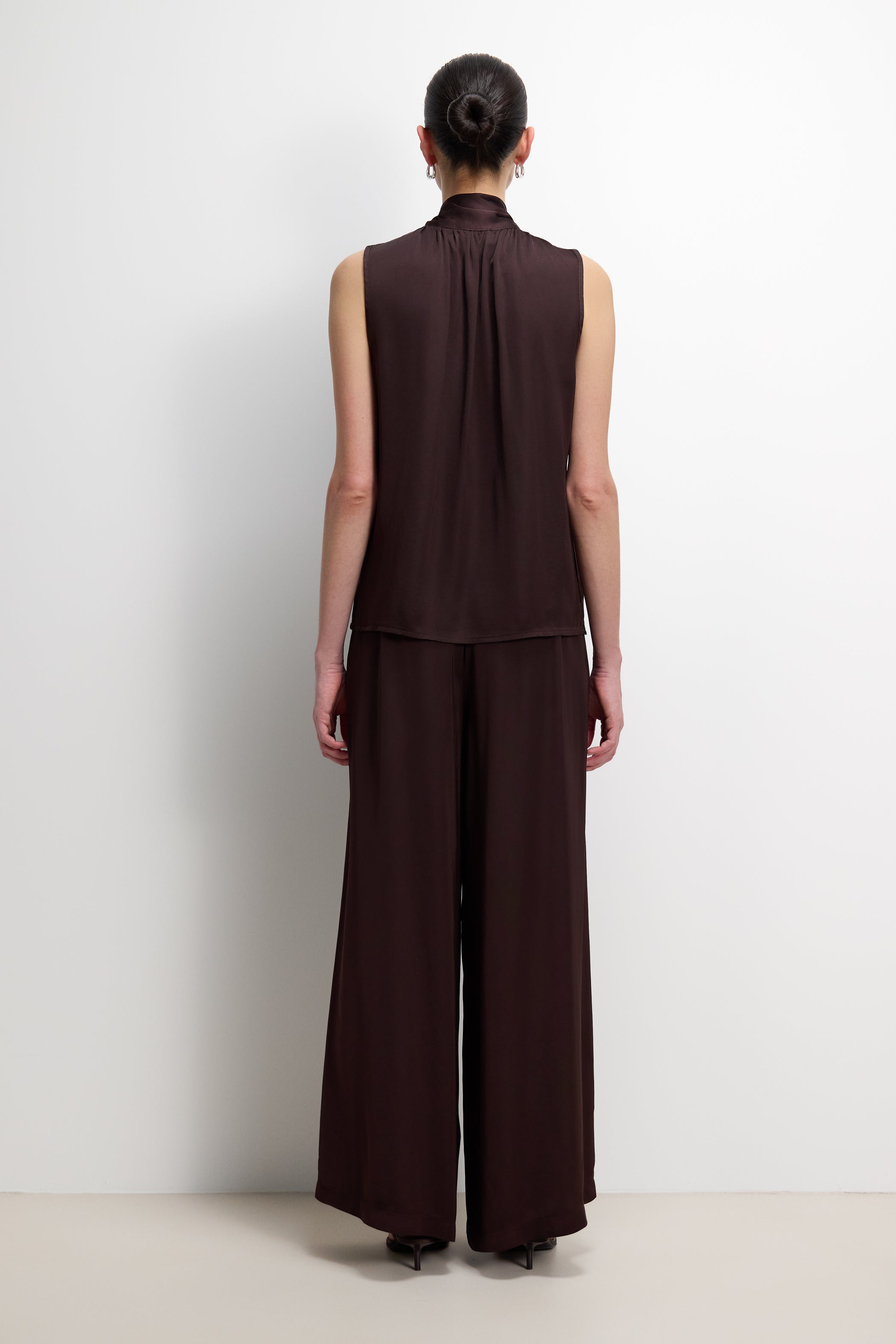 Arden Pleated Elastic Waist Satin Trousers | Espresso Brown Moire