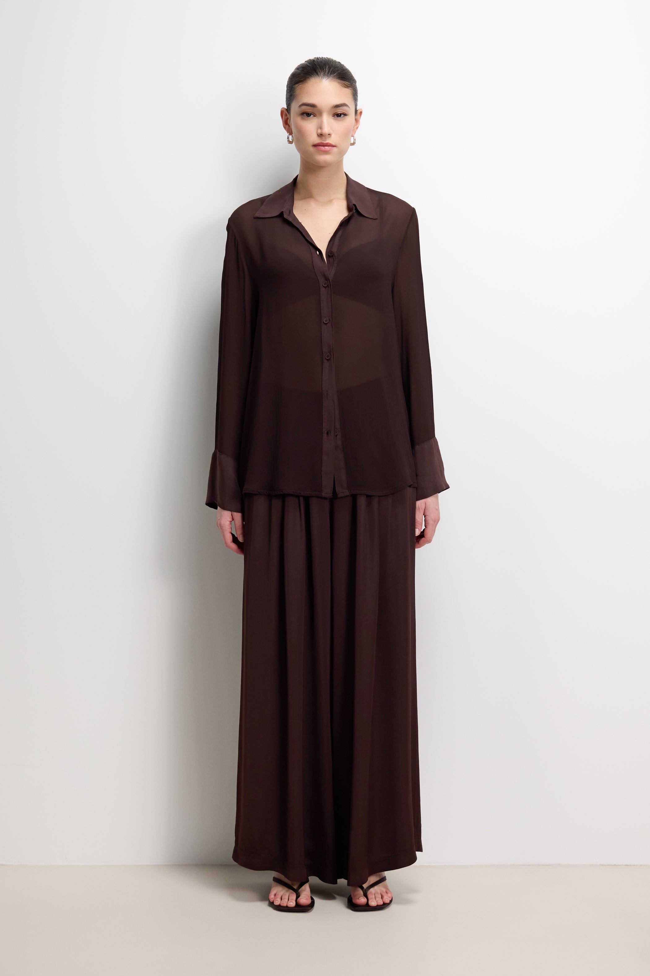 Arden Pleated Elastic Waist Satin Trousers | Espresso Brown Moire