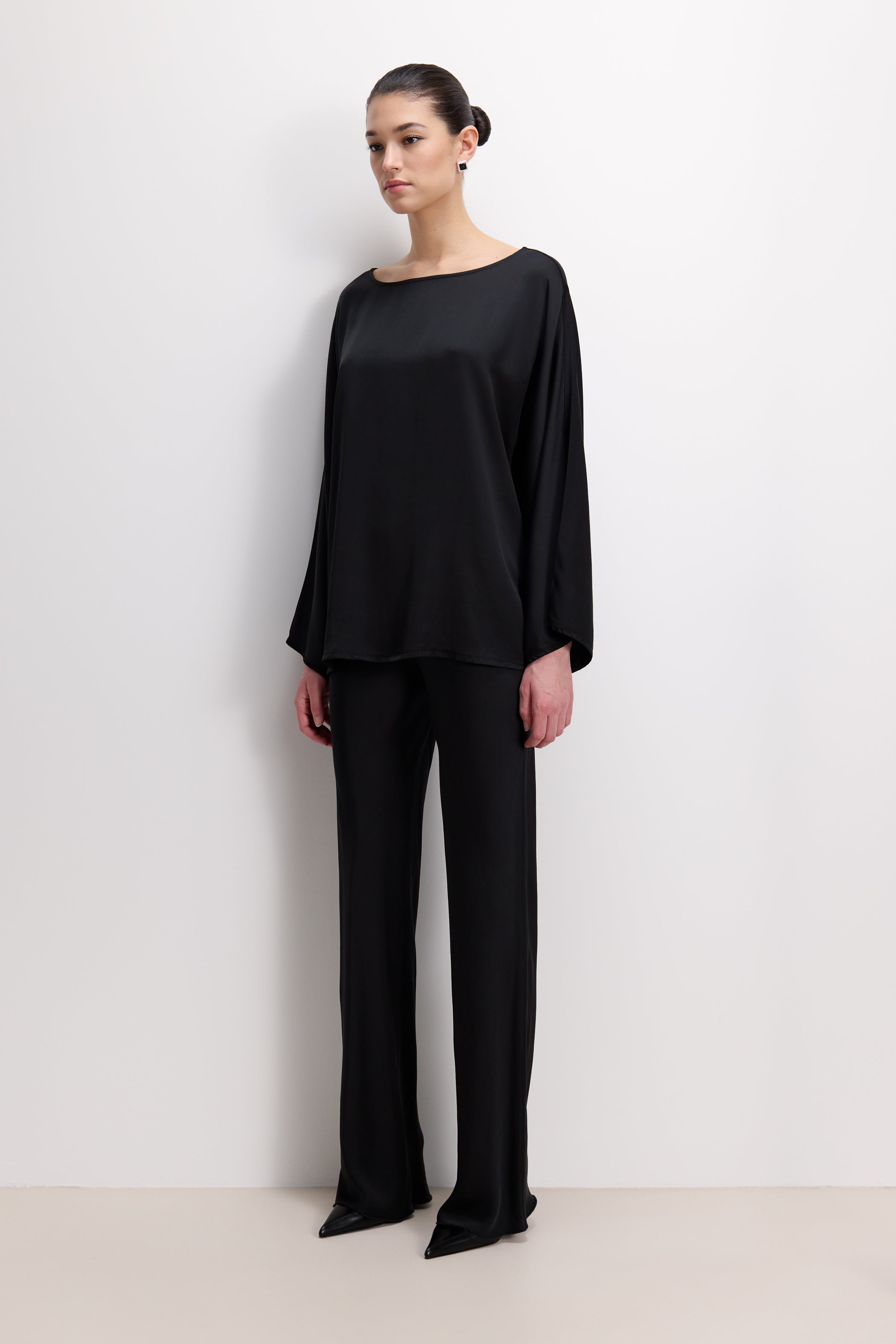 Arlet Wide Sleeve Boatneck Satin Top | Black