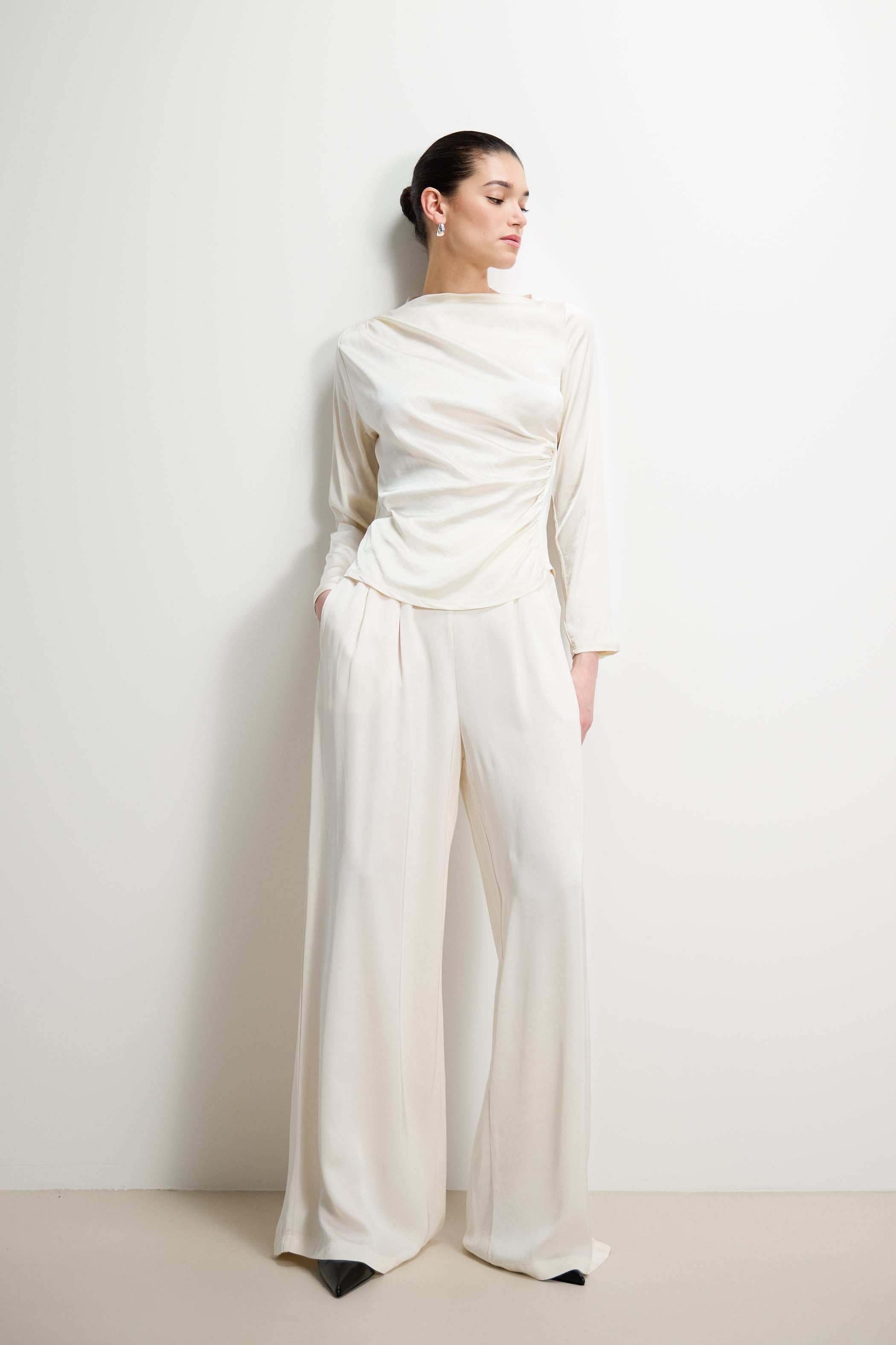 Claudia Elastic Waist Satin Trousers | Ivory