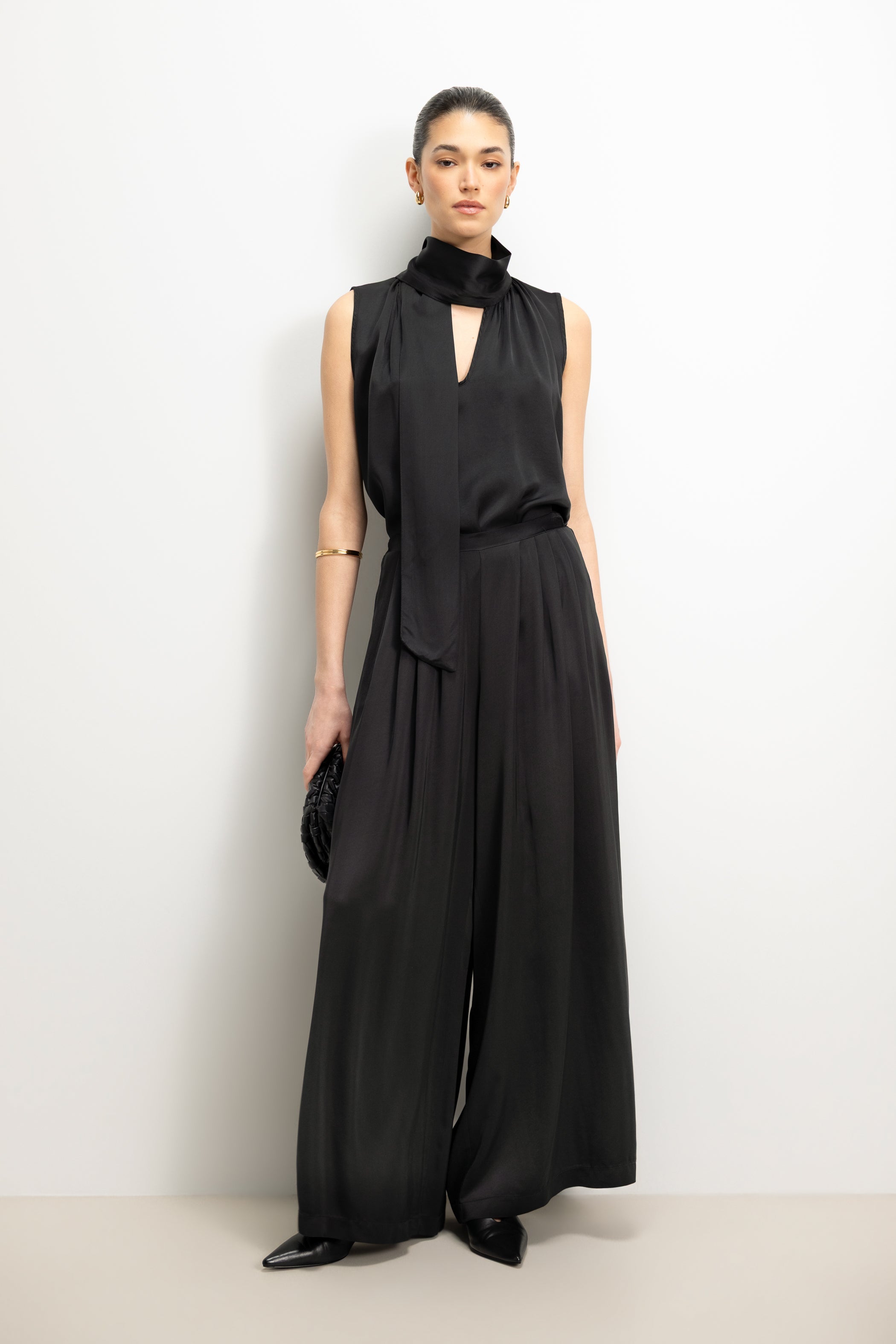 Arden Pleated Elastic Waist Satin Trousers | Black
