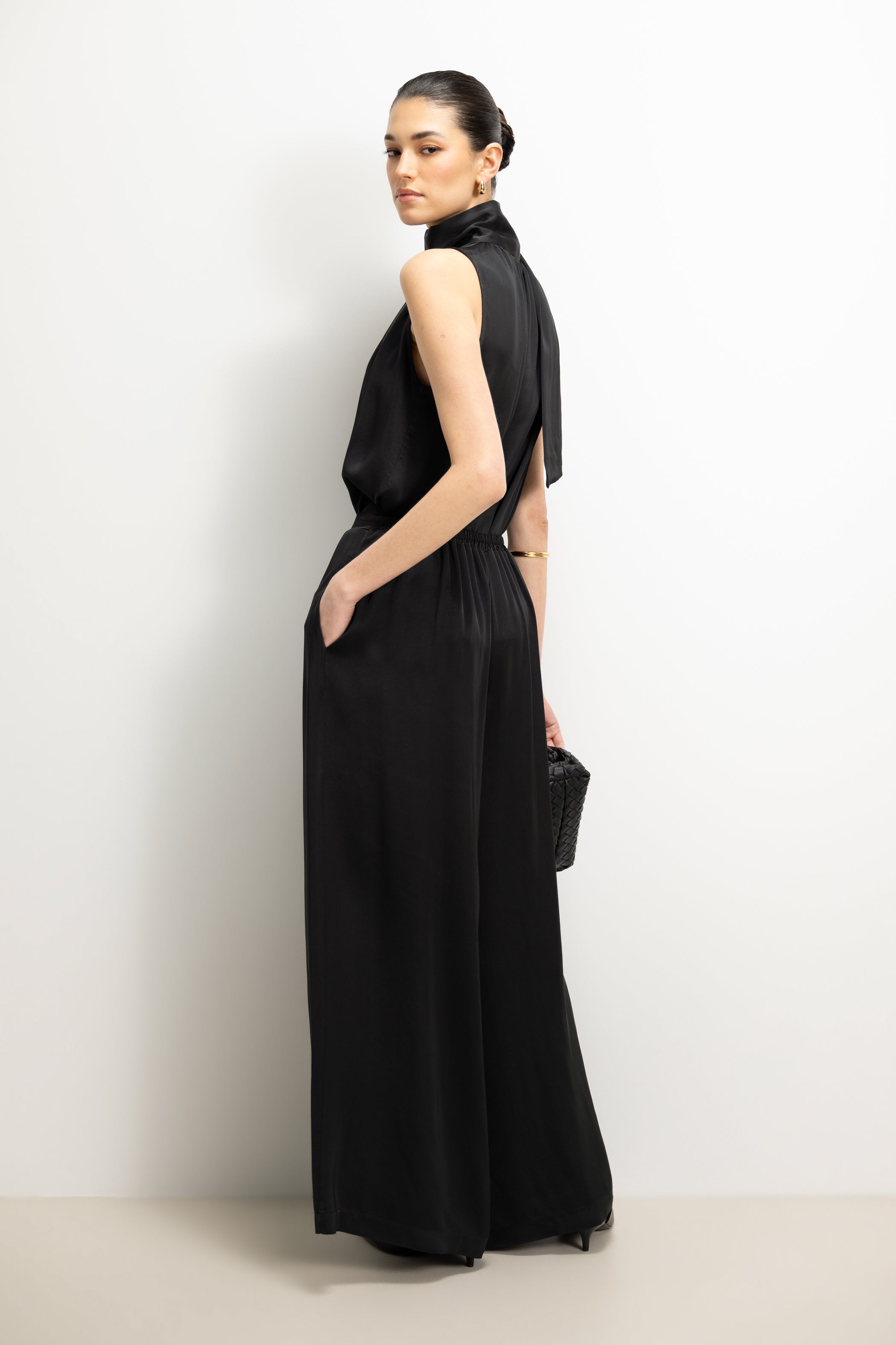 Arden Pleated Elastic Waist Satin Trousers | Black