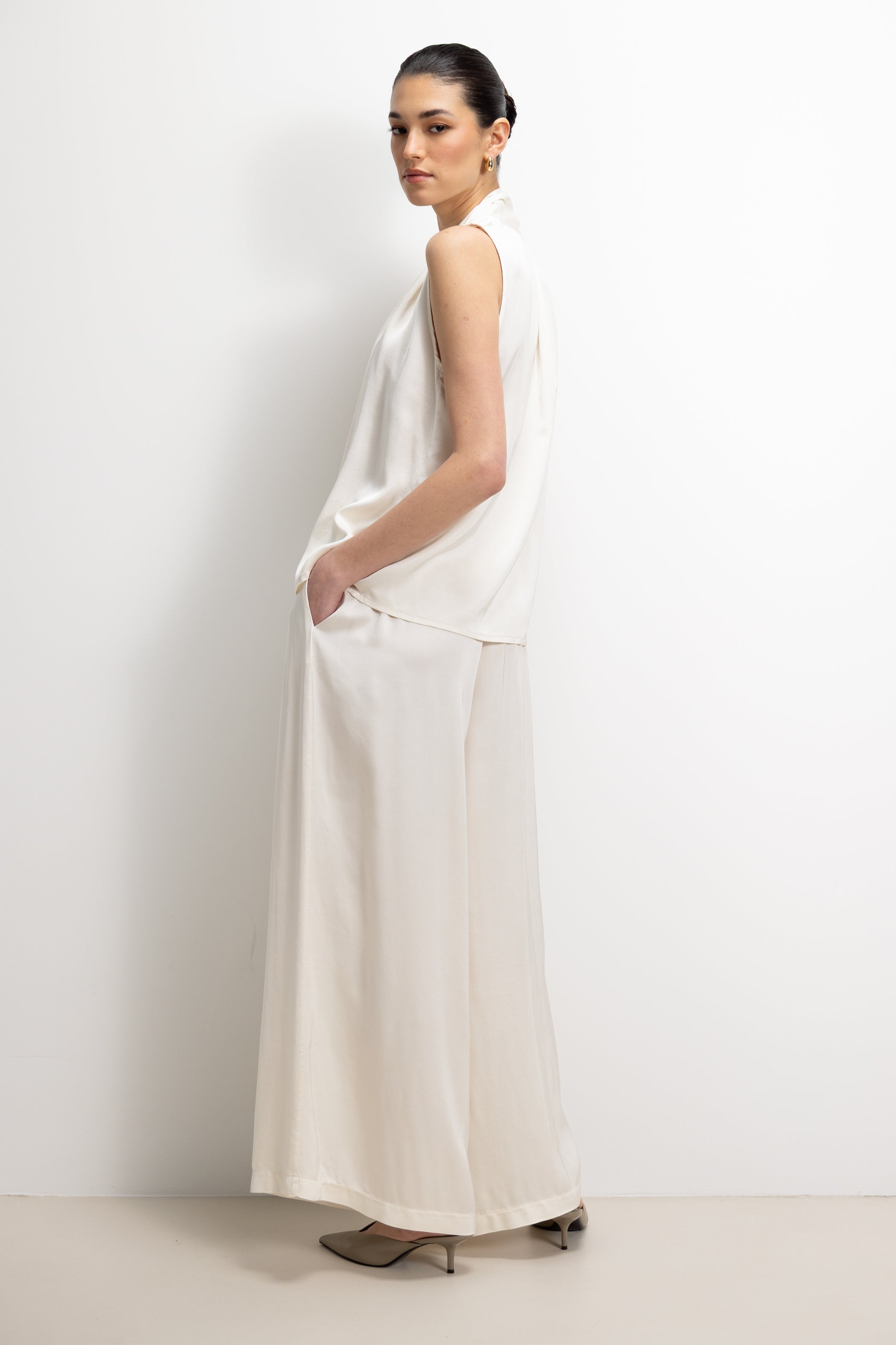Arden Pleated Elastic Waist Satin Trousers | Ivory