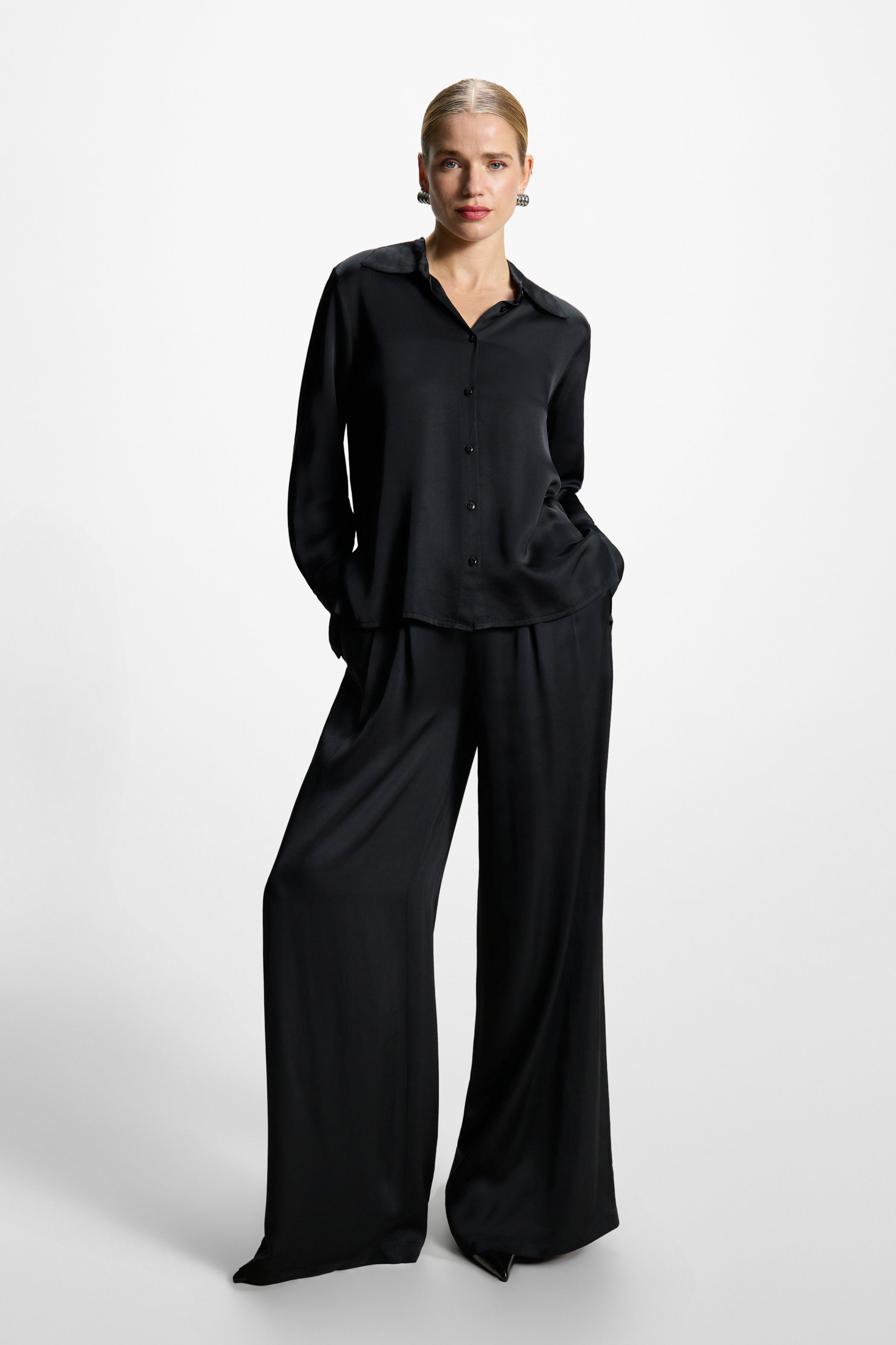 Claudia Elastic Waist Satin Trousers | Black