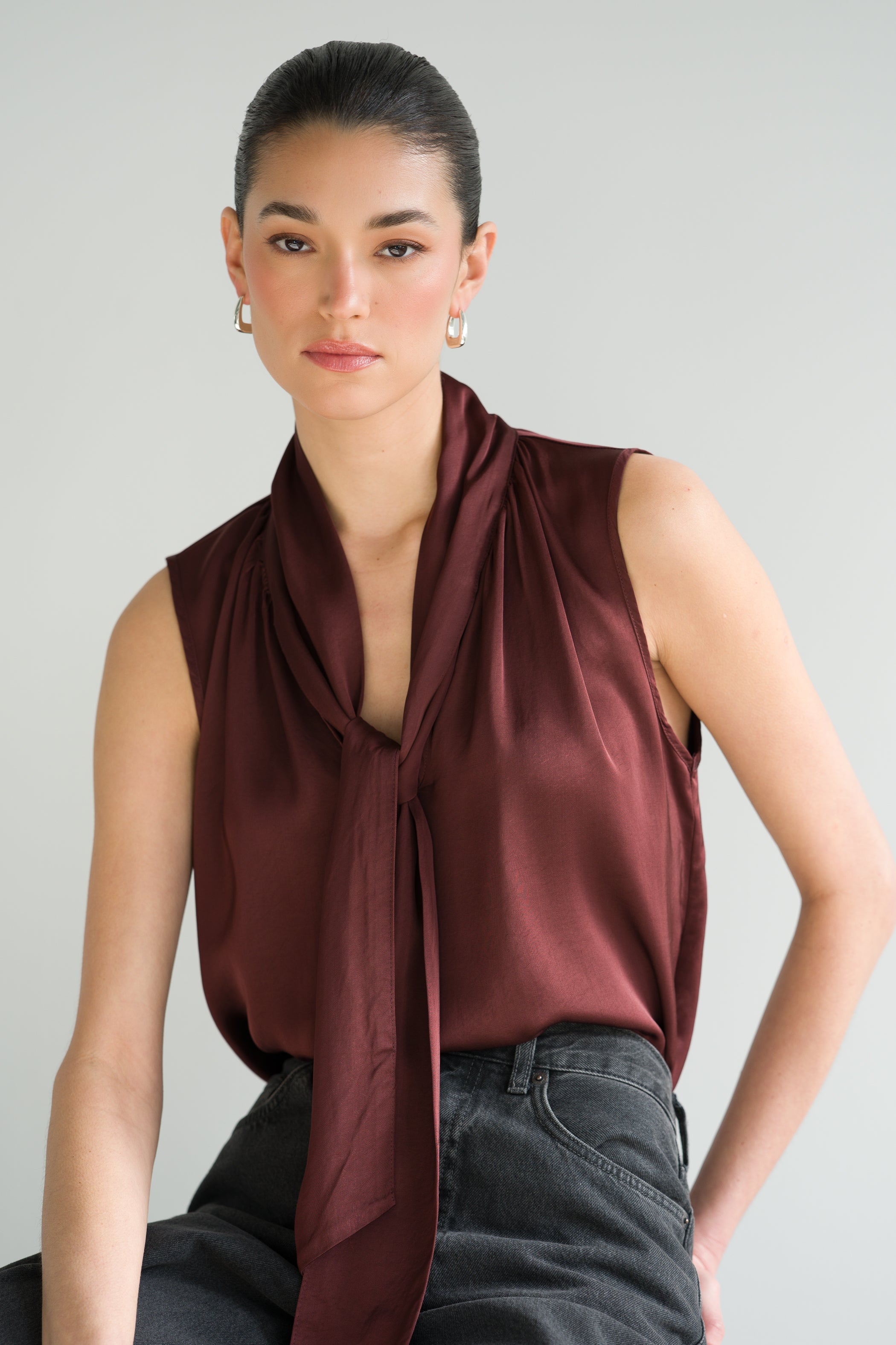 Lyanne Bow Neck Tie Satin Blouse | Plum
