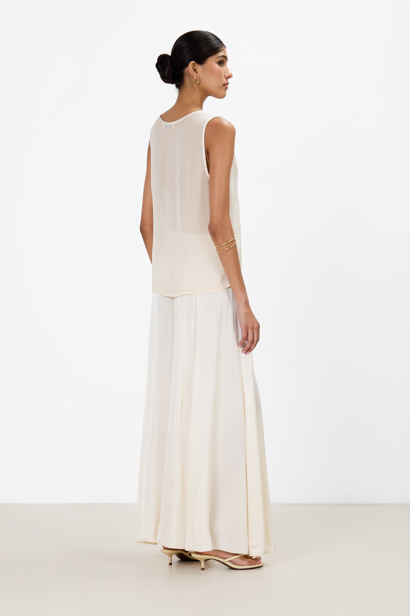 Gigi V Neck Sheer Back Satin Top | Ivory