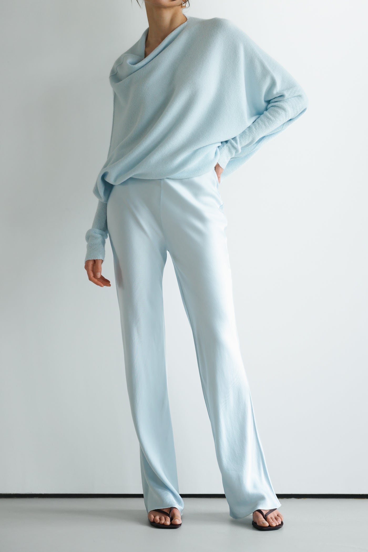 Genet Elastic Waist Bias Satin Trousers | Glacier
