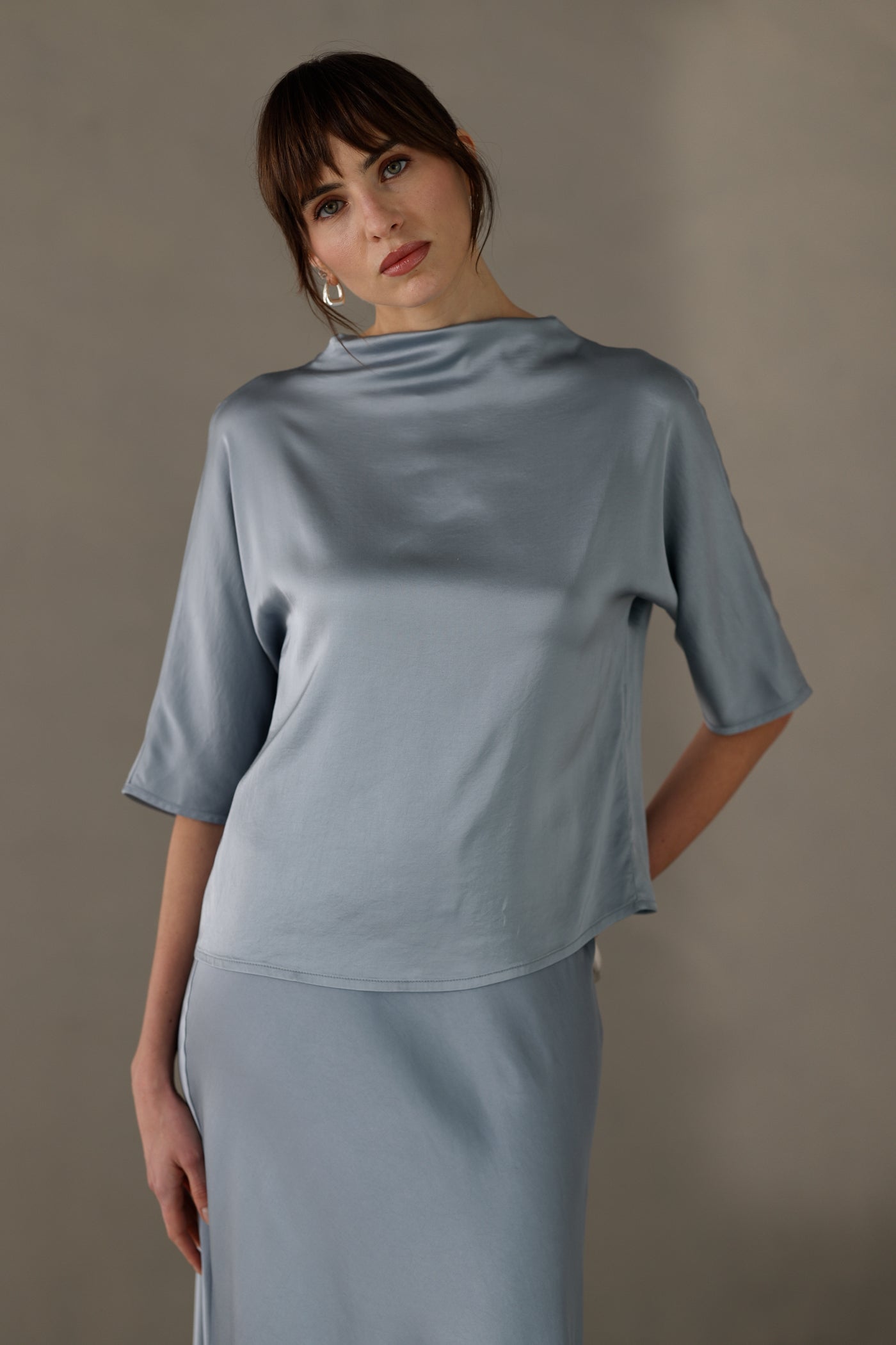 Genevieve Back Tie Satin Top | Dusty Blue