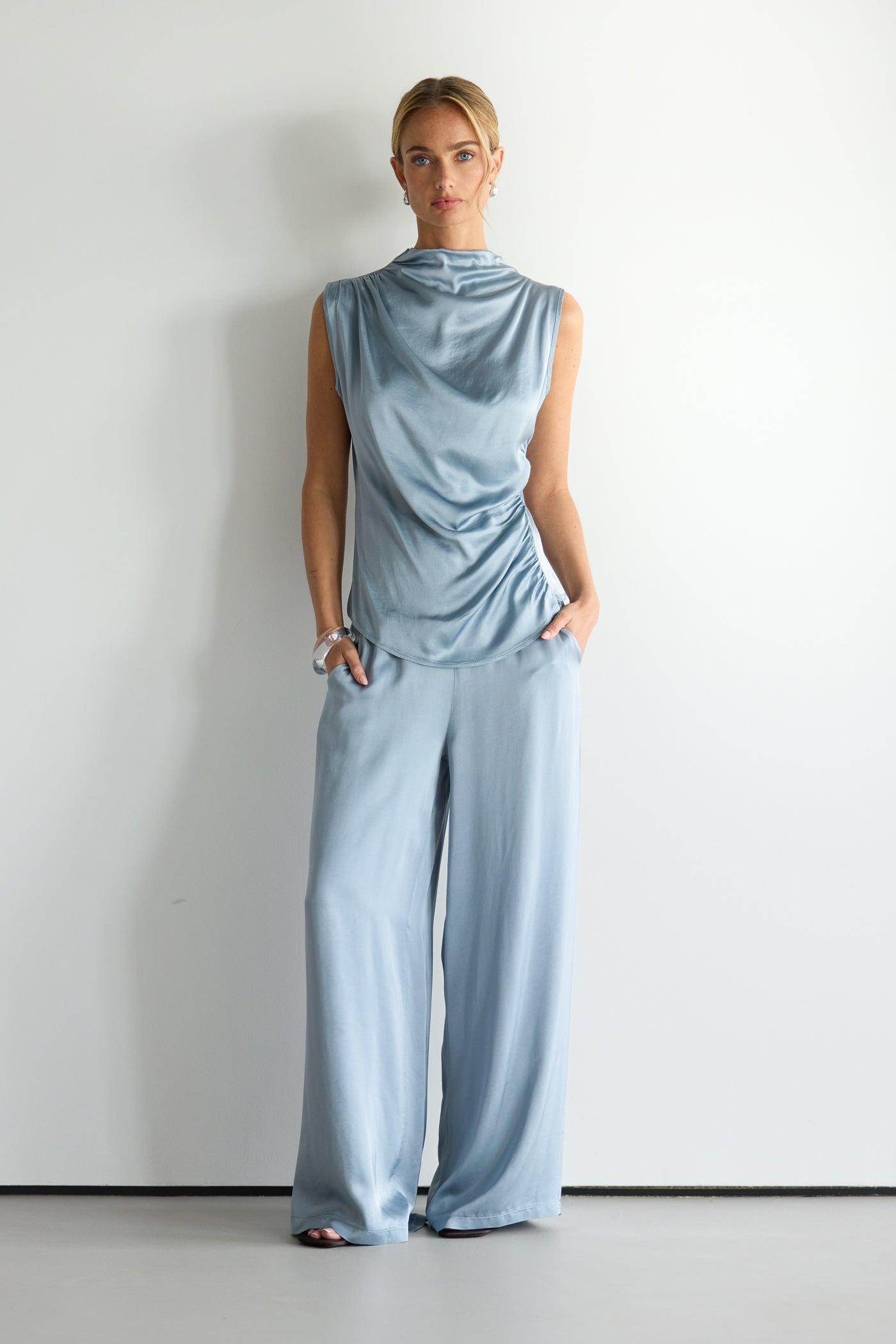 Cole Satin Trousers | Dusty Blue