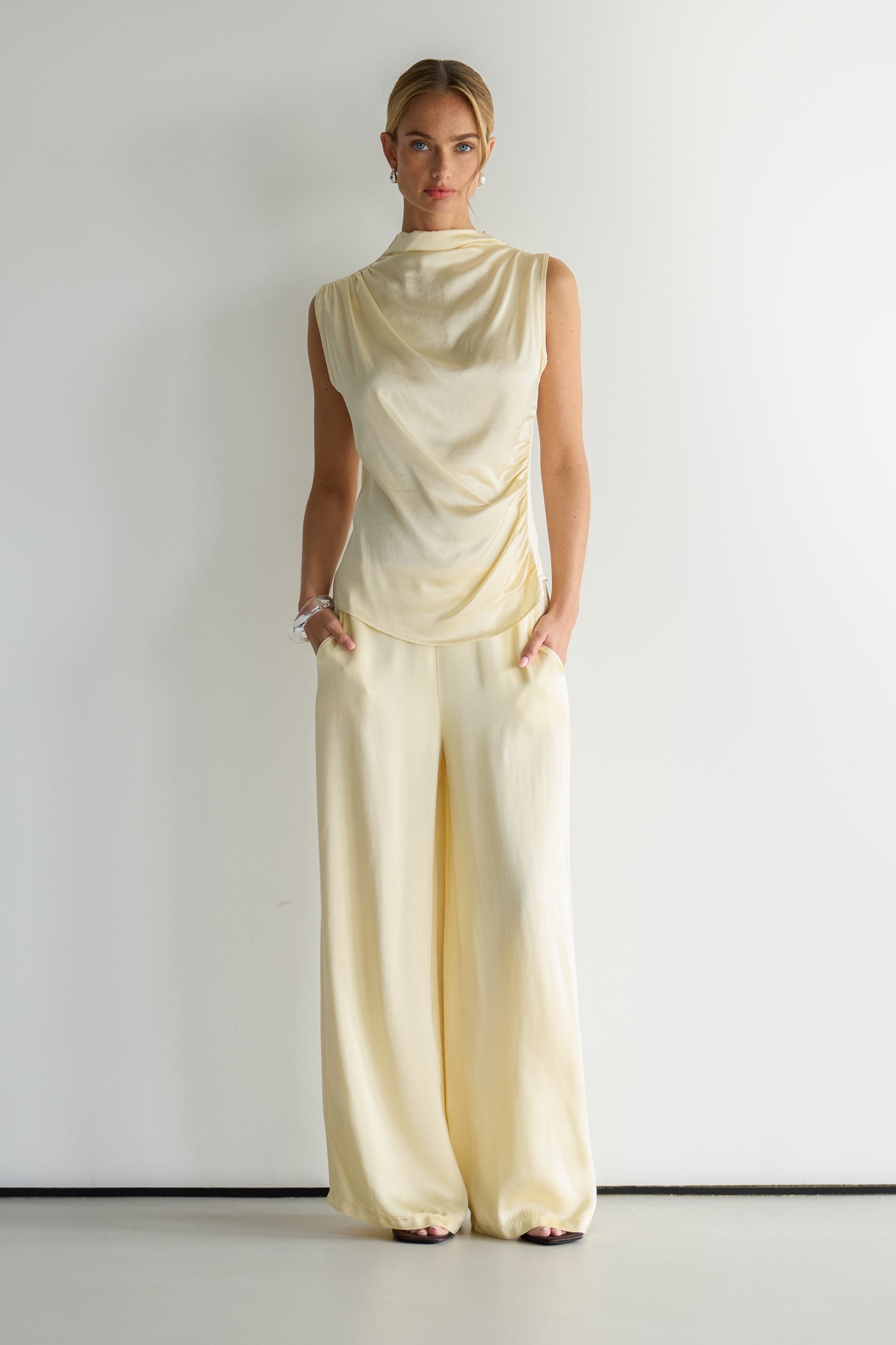 Allegra Draped Satin Sleeveless Top | Buttercream